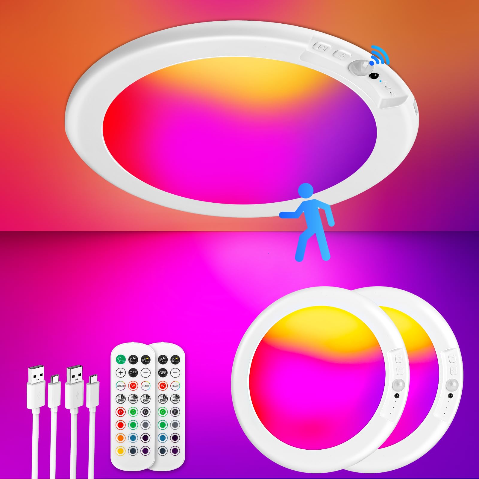 Rechargeable Motion Sensor Ceiling Lights with Remote, Battery Operated Closet Lights No Wiring, Wireless LED Shower Lights, 3 Colors Dimmable Overhead Lamps for Closet Shower Pantry Hallway, 2 Pack