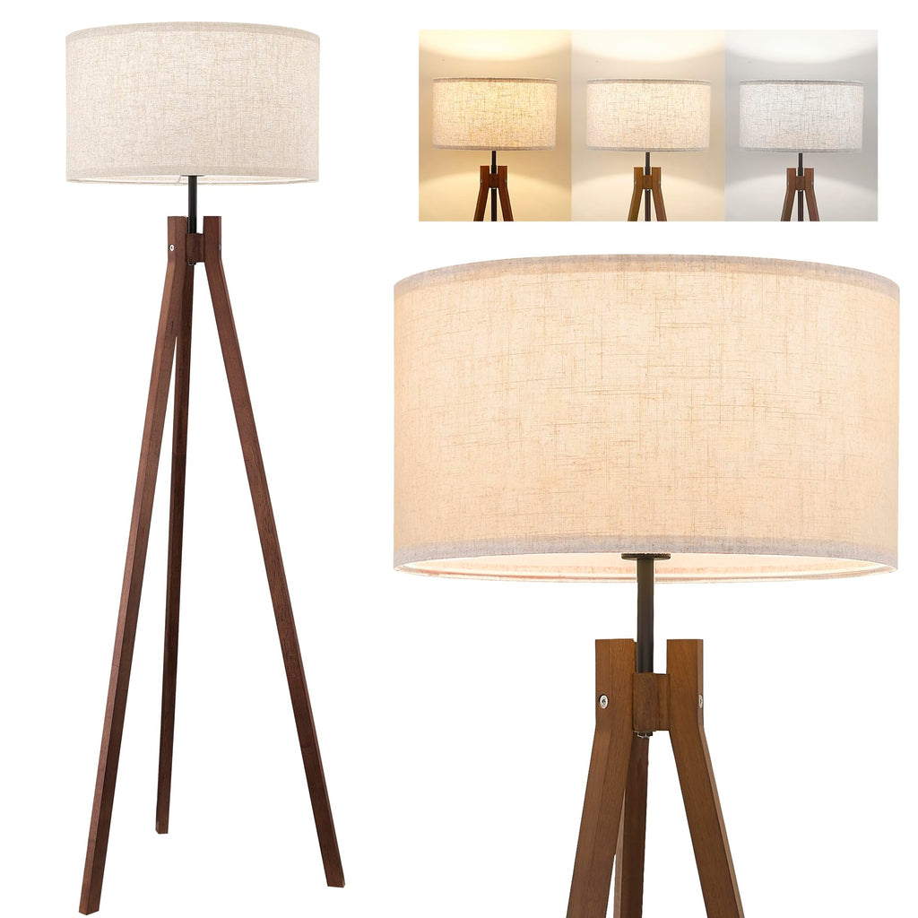ELYONA Nordic Wood Tripod Floor Lamp, Modern Reading Standing Lamp for Living Room 3 Color Temperatures LED Bulb Included Flaxen Lamp Shade, Boho Natural Wooden floor lamp for Bedroom Office Kids Room
