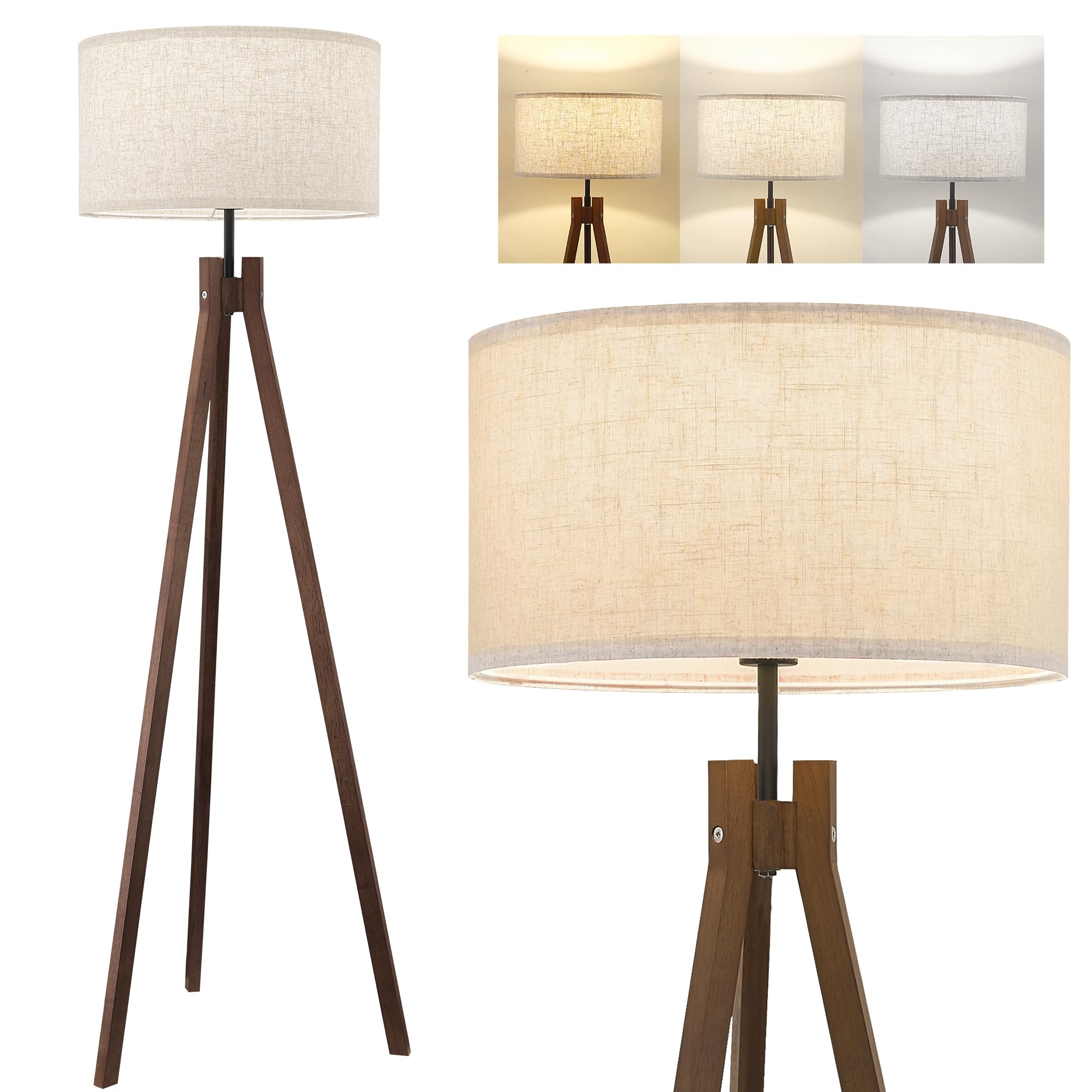 ELYONA Nordic Wood Tripod Floor Lamp, Modern Reading Standing Lamp for Living Room 3 Color Temperatures LED Bulb Included Flaxen Lamp Shade, Boho Natural Wooden floor lamp for Bedroom Office Kids Room