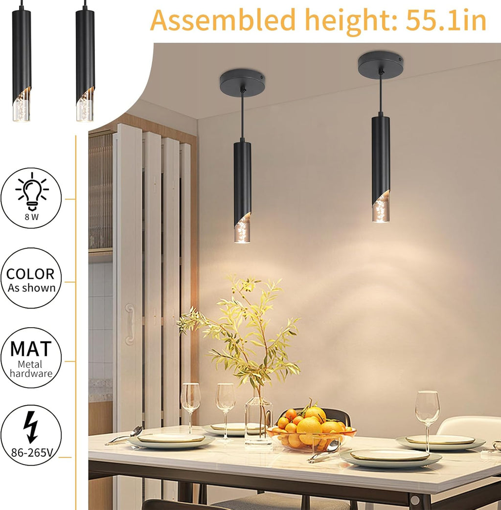 2 Pack Minimalist Kitchen Island Pendant Lights, Black Modern Linear Hanging Light Fixture, Bubble Acrylic, Adjustable 2700K/4500K/6500K, LED Ceiling Lamp for Dining Room, Bedside, Bathroom, Bar
