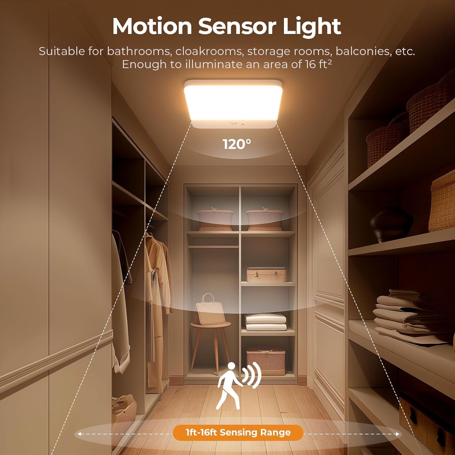 FULEN Motion Sensor Ceiling Light Fixture, Cordless Closet Light Battery Operated, Rechargeable Magnetic Mount LED Shower Light for Bathroom,Stairs,Garage,Hallway, Color Change, 2 Pack