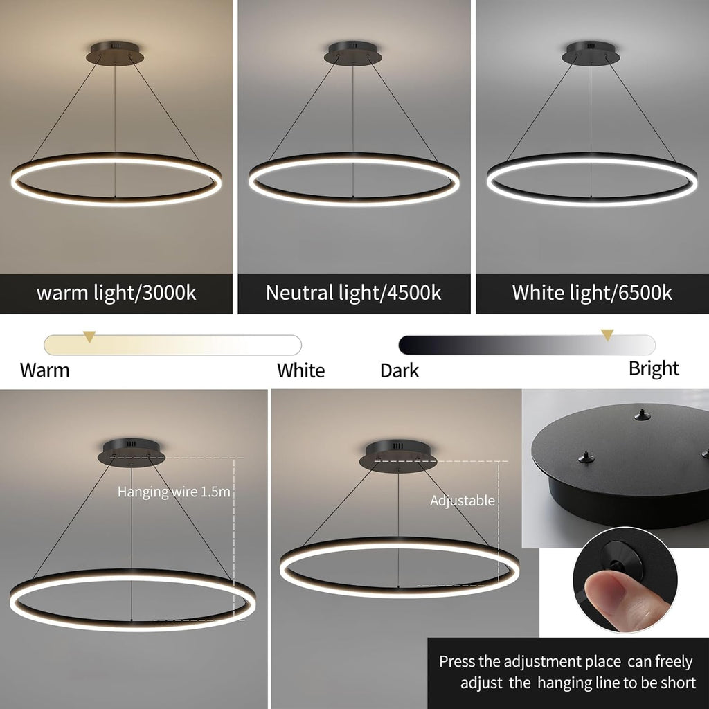 15.7in Black Acrylic Dimmable LED Pendant Light, 3-Color Remote Controlled Ceiling Chandelier for Kitchen