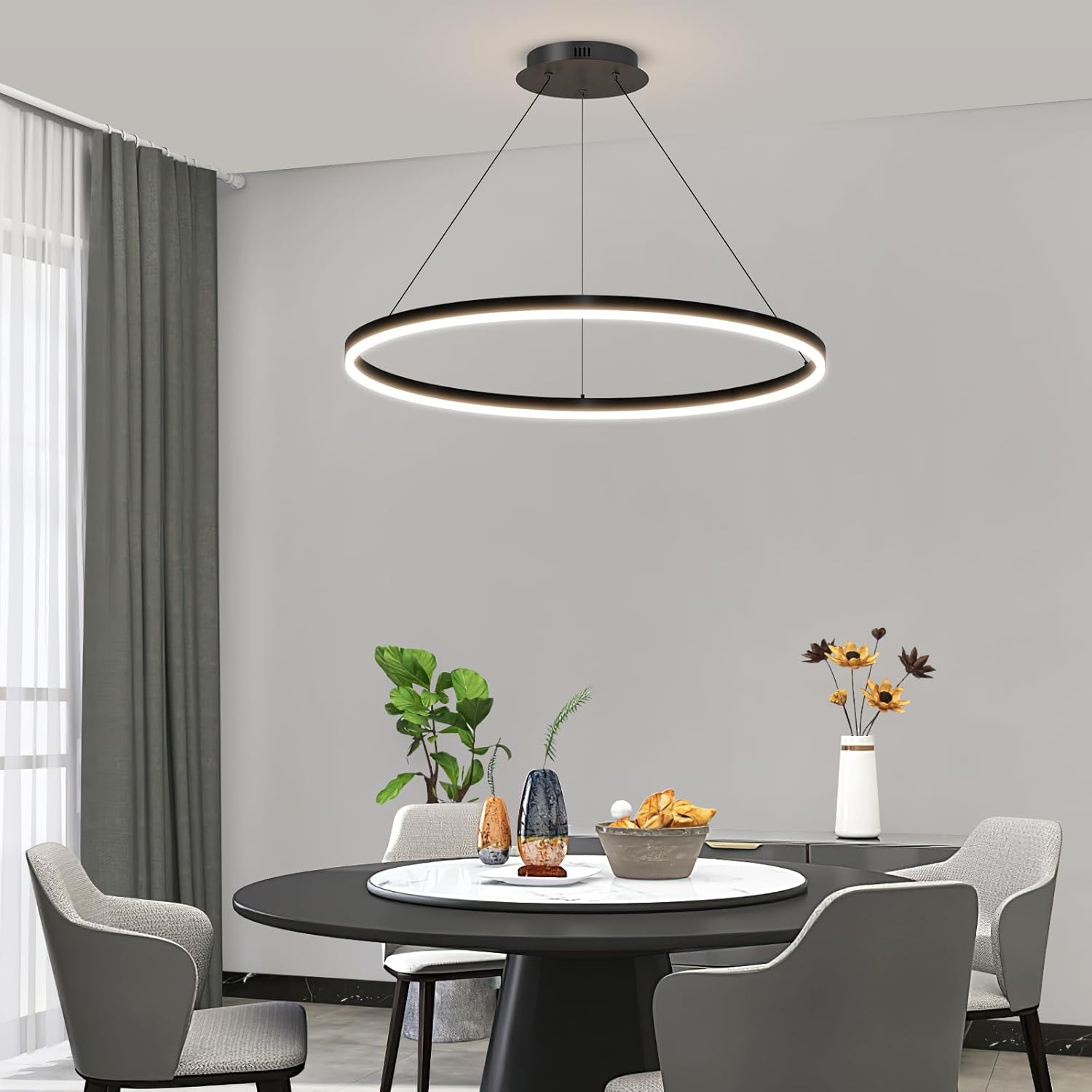 15.7in Black Acrylic Dimmable LED Pendant Light, 3-Color Remote Controlled Ceiling Chandelier for Kitchen
