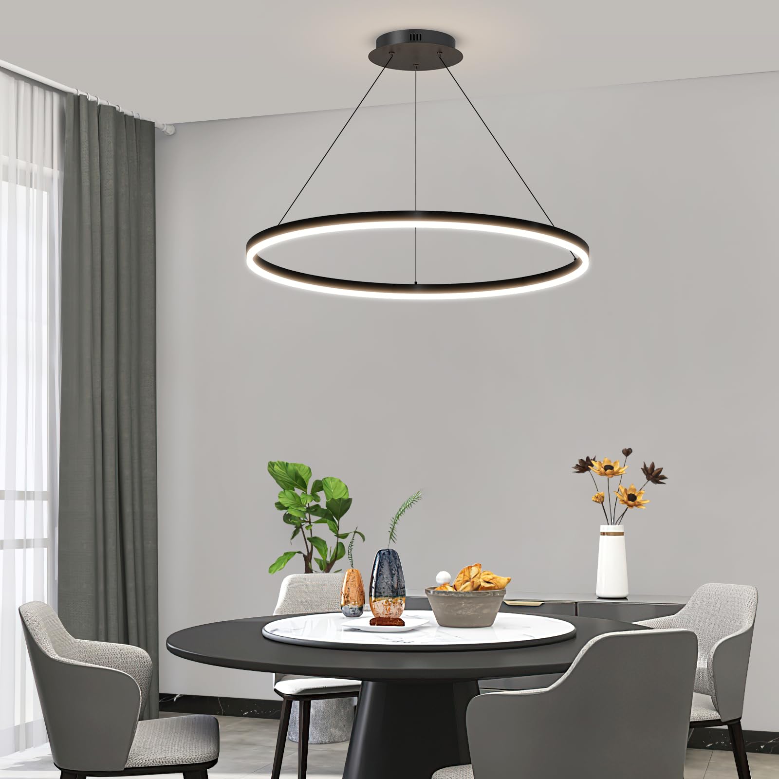 15.7in Black Acrylic Dimmable LED Pendant Light, 3-Color Remote Controlled Ceiling Chandelier for Kitchen