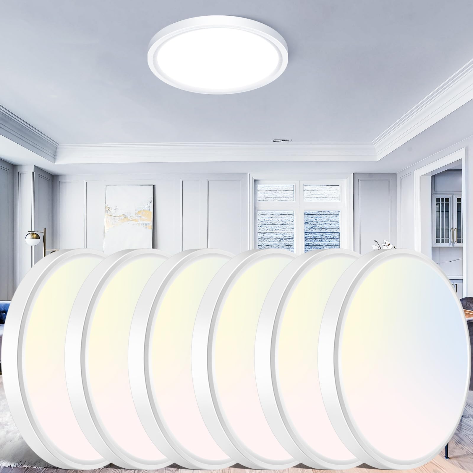 libtit 12 inch Flush Mount LED Ceiling Light Fixture, 3000K 4000K 6500K Adjustable, 28W 3200lm Brushed Nickel Satin Round Ceiling Lamp for Bathroom Hallway Kitchen Bedroom, 2 Pack