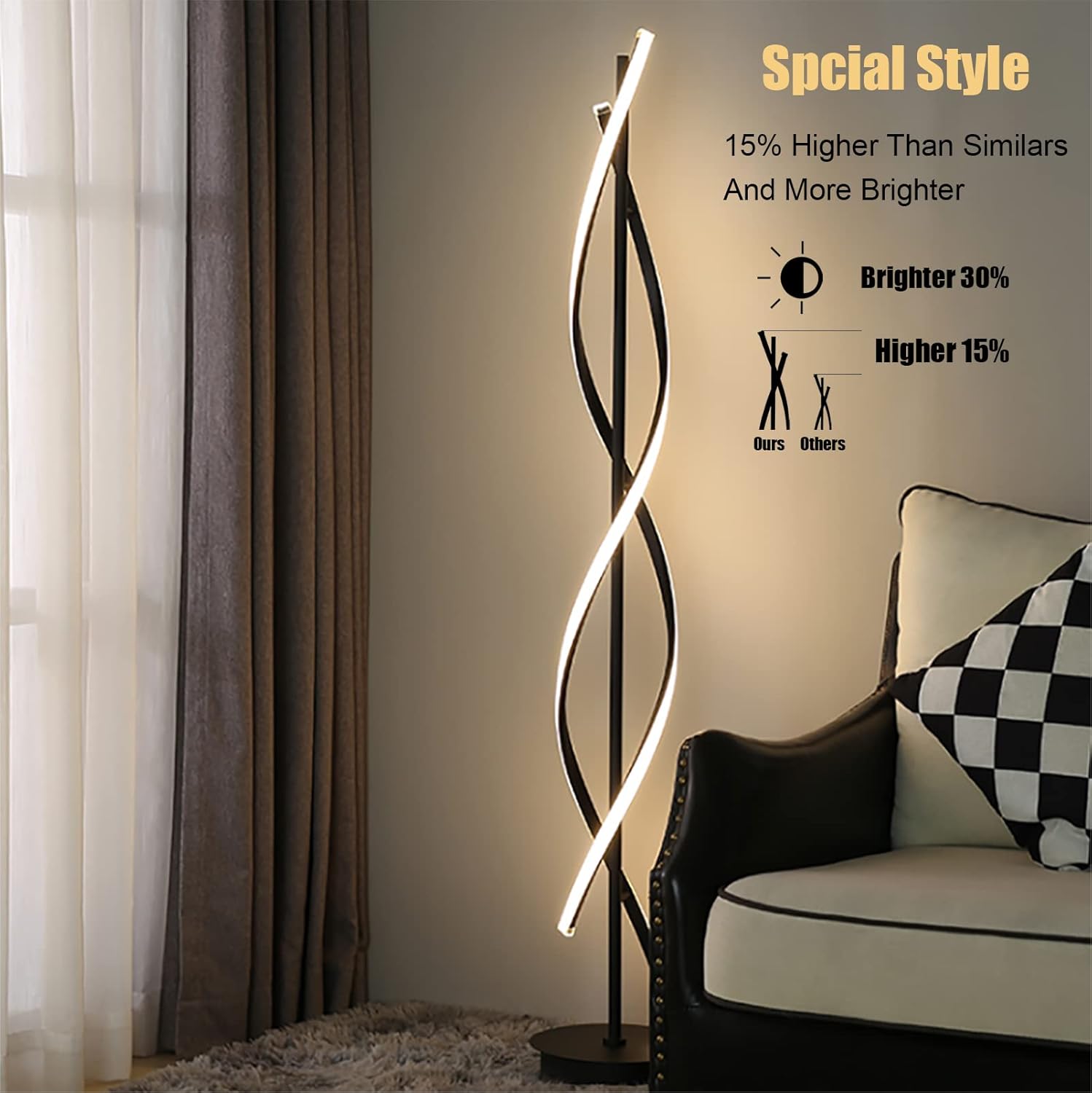 61in 60W DNA Spiral LED Floor Lamp, 3-Color Remote Dimmable Black Nordic Standing Light for Living Room Decor