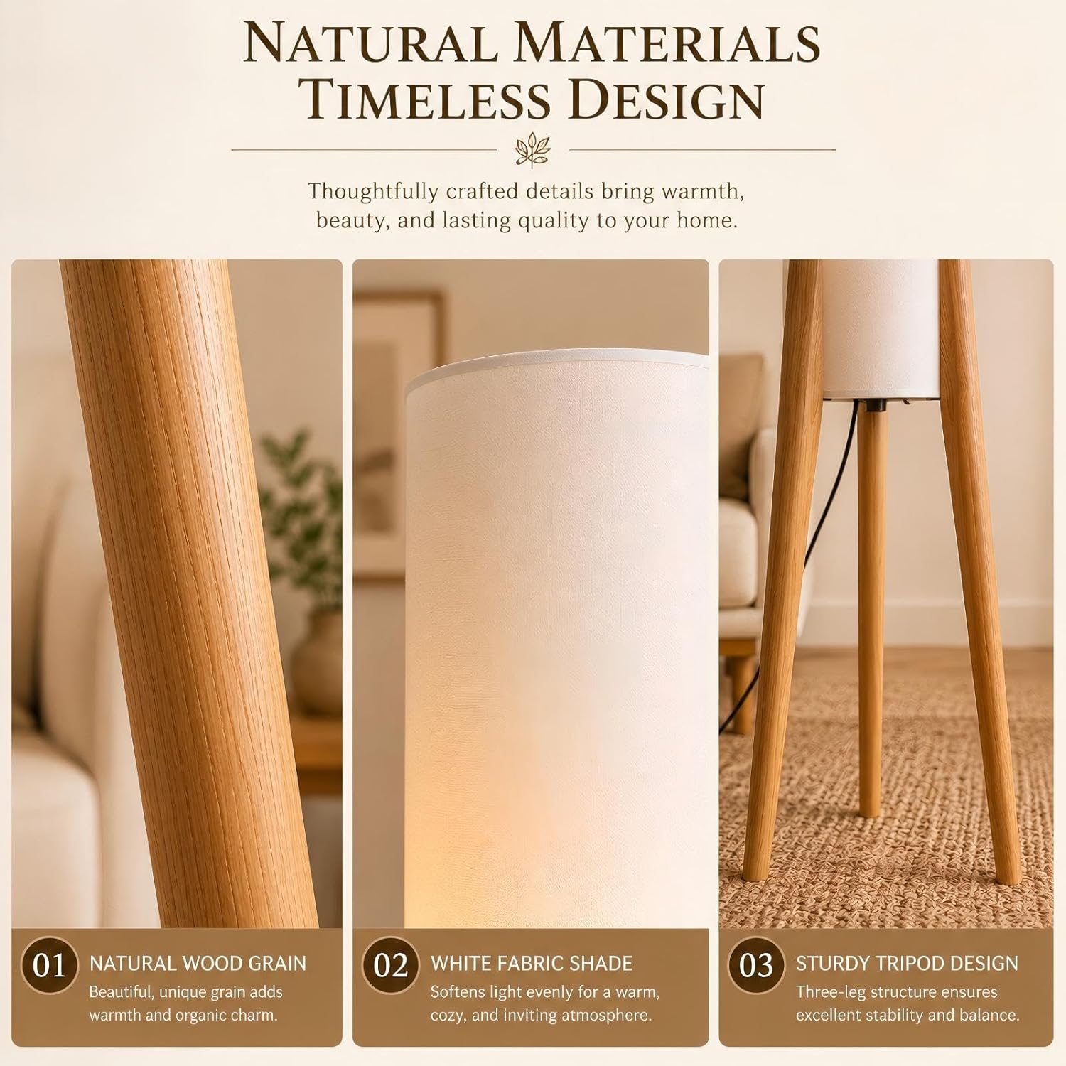 BOFEA-50 Floor Lamps for Living Room,Nordic Modern Floor Lamp,Tall Standing Boho Lamp with Fabric Shade,3 Color Art Standing Lamps,Farmhouse Wood Floor Lamp for Bedroom Office Corner