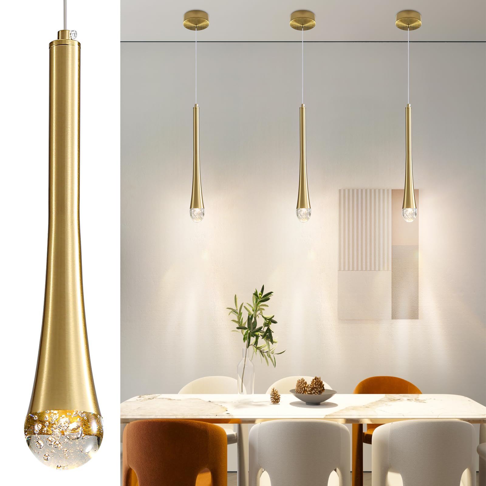 2 Pack Modern Pendant Lights, Mini Chandelier Bubble Acrylic Pendant Lighting for Kitchen Island, 3 Color 3000K/4500K/6500K, Black LED Ceiling Hanging Light for Bathroom, Dining Room, Bedroom