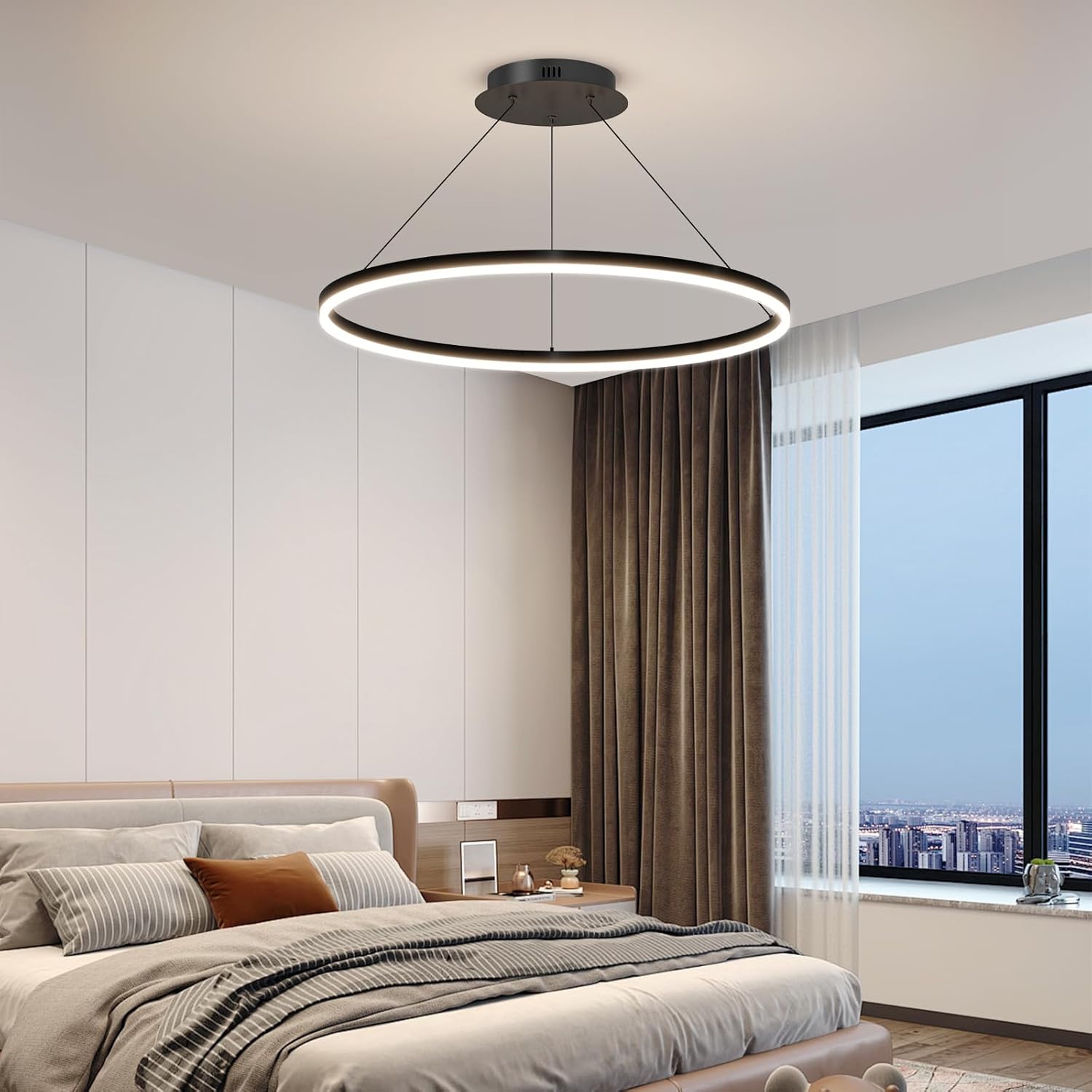 15.7in Black Acrylic Dimmable LED Pendant Light, 3-Color Remote Controlled Ceiling Chandelier for Kitchen