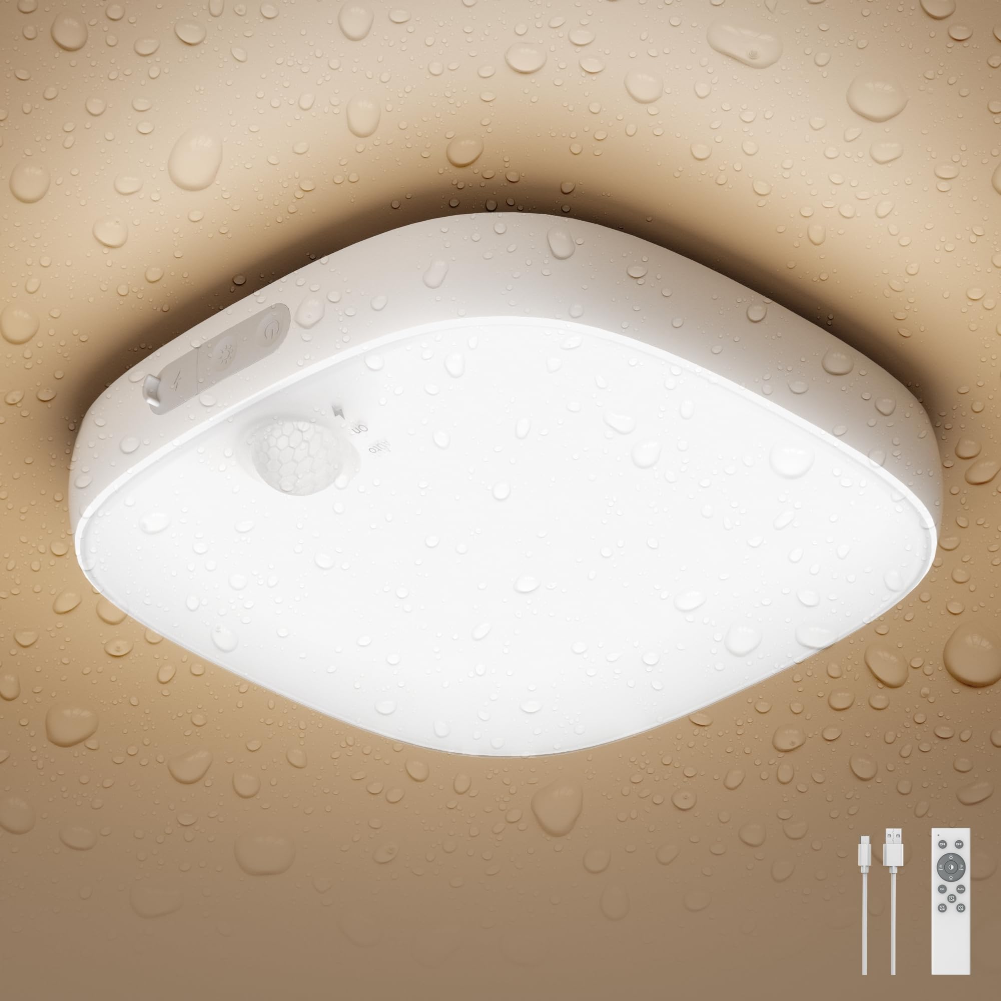 FULEN Shower Lights IP65 Waterproof, Motion Sensor Ceiling Light, Rechargeable Closet Light with 10000mAh Battery, LED Shower Lamp, Cordless Ceiling Lamp with RGB Colors, Remote Control, 2 Pack