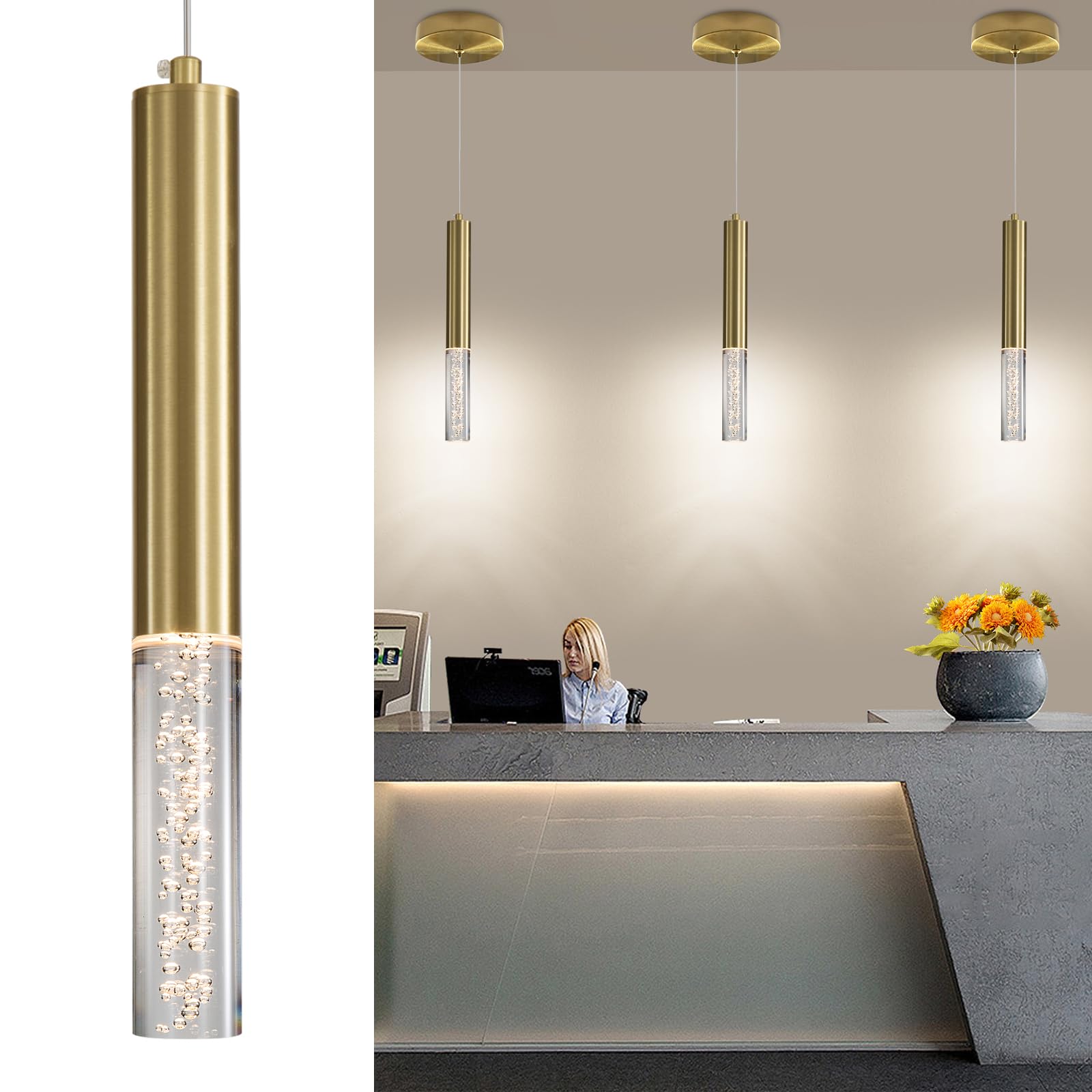 2 Pack Minimalist Kitchen Island Pendant Lights, Black Modern Linear Hanging Light Fixture, Bubble Acrylic, Adjustable 2700K/4500K/6500K, LED Ceiling Lamp for Dining Room, Bedside, Bathroom, Bar