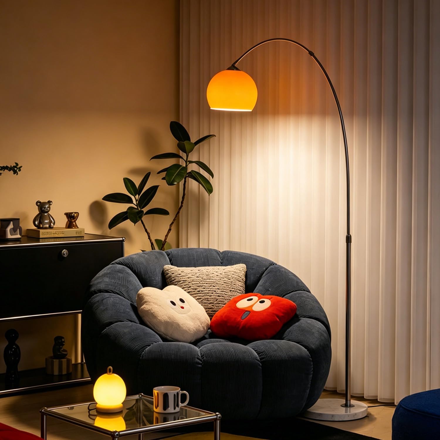 Orange Arc Floor Lamp with Acrylic Shade,Arch Reading Lamp Floor Standing,Mid Century Modern Orange Standing Lamp for Living Room Bedroom