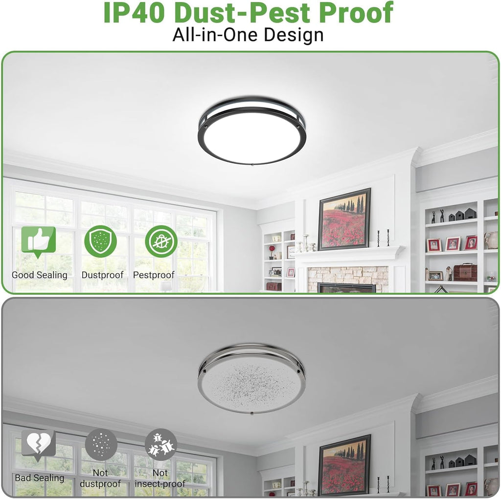zemty 10Inch Black LED Flush Mount Ceiling Light Fixture, Dimmable &5CCT(3000K-6500K) Adjustable, 15W IP44 Damp-Rate Ceiling Lamp for Hallways, Bathrooms, Closets, Laundry Rooms-2Pack