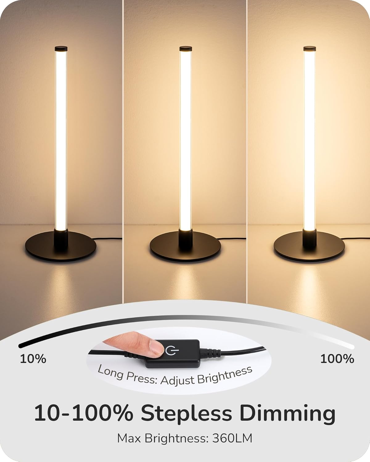 EDISHINE LED Table Lamp, Modern Slim Bedside Lamp with 360° Illumination, Stepless Dimming & 3 Color Temperature, Nightstand Lamp for Bedroom, Living Room, Black