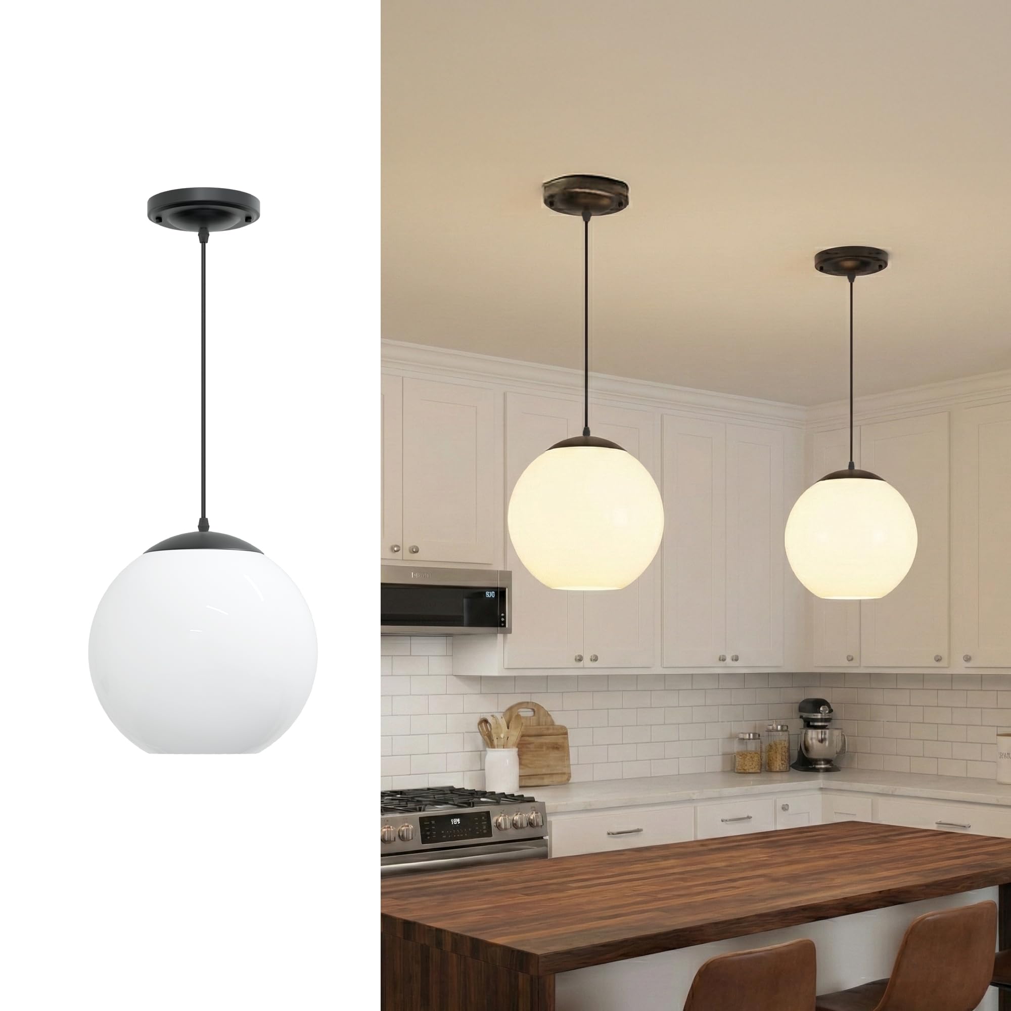KASTLITE 10" Acrylic Globe Pendant Light Fixture, 8W 3000K Filament LED Bulb, Ceiling Mount - Kitchen Pendant Lighting Over Island, Hanging Dining Light, Living Room Lamp - White Shade, White Base