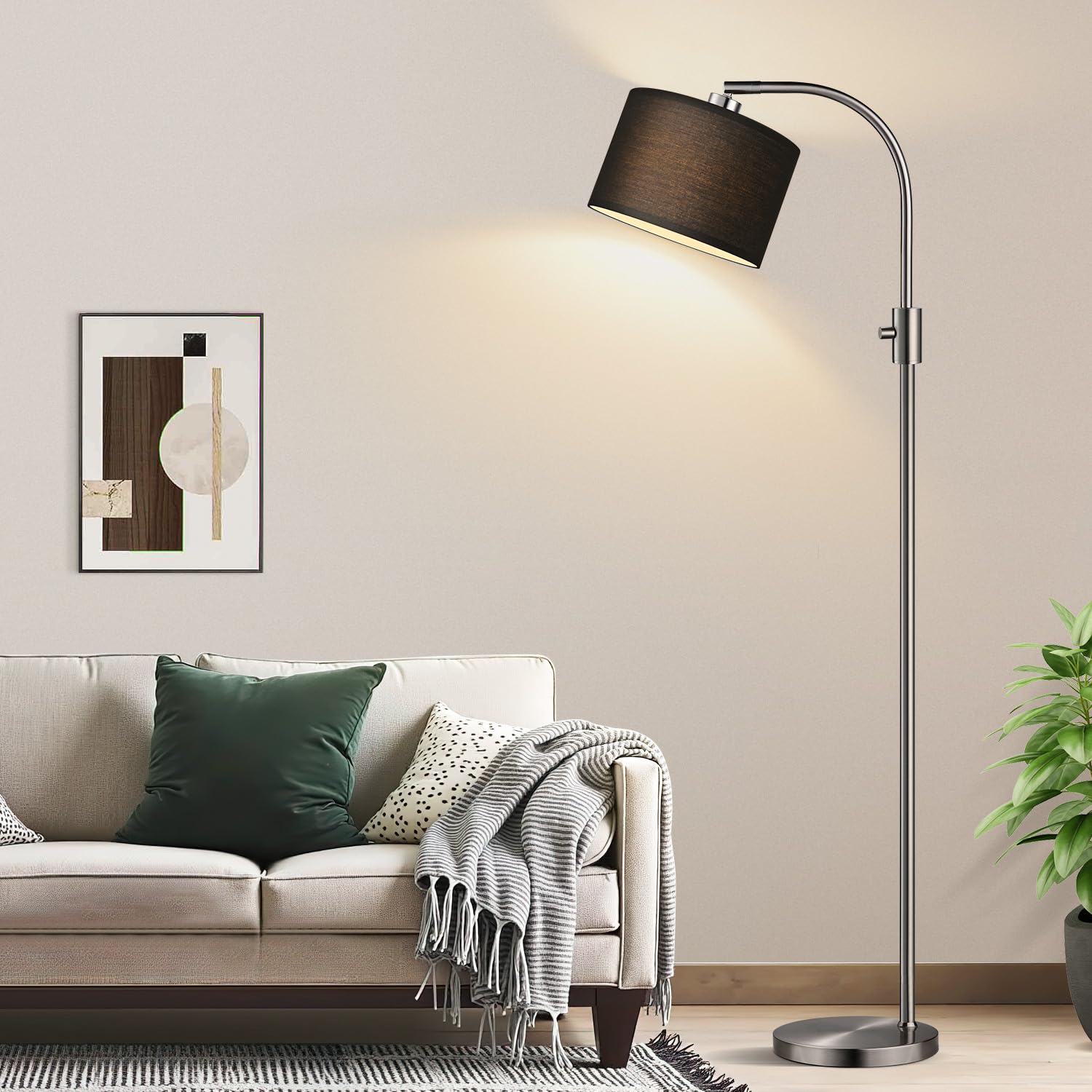 Nintiue Upgraded Modern Arc Dimmable Tall Standing Floor Lamp with Linen Shade, 1200 Lumens LED Bulb Included, for Living & Reading Room, Bedroom, Office & Nursery, Gold