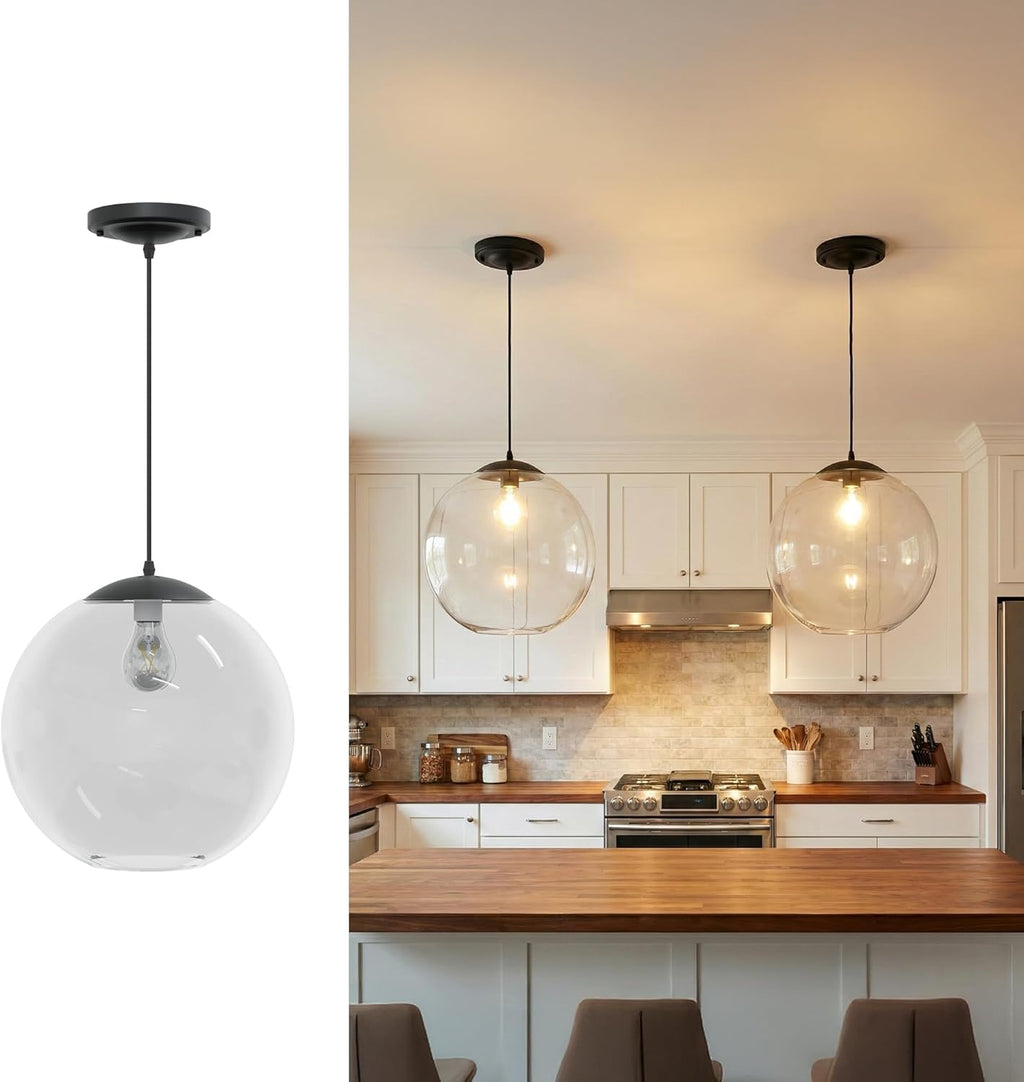 KASTLITE 12" Acrylic Globe Pendant Light Fixture, 8W 3000K Filament LED Bulb, Ceiling Mount - Kitchen Pendant Lighting Over Island, Hanging Dining Light, Living Room Lamp - Clear Shade, Black Base