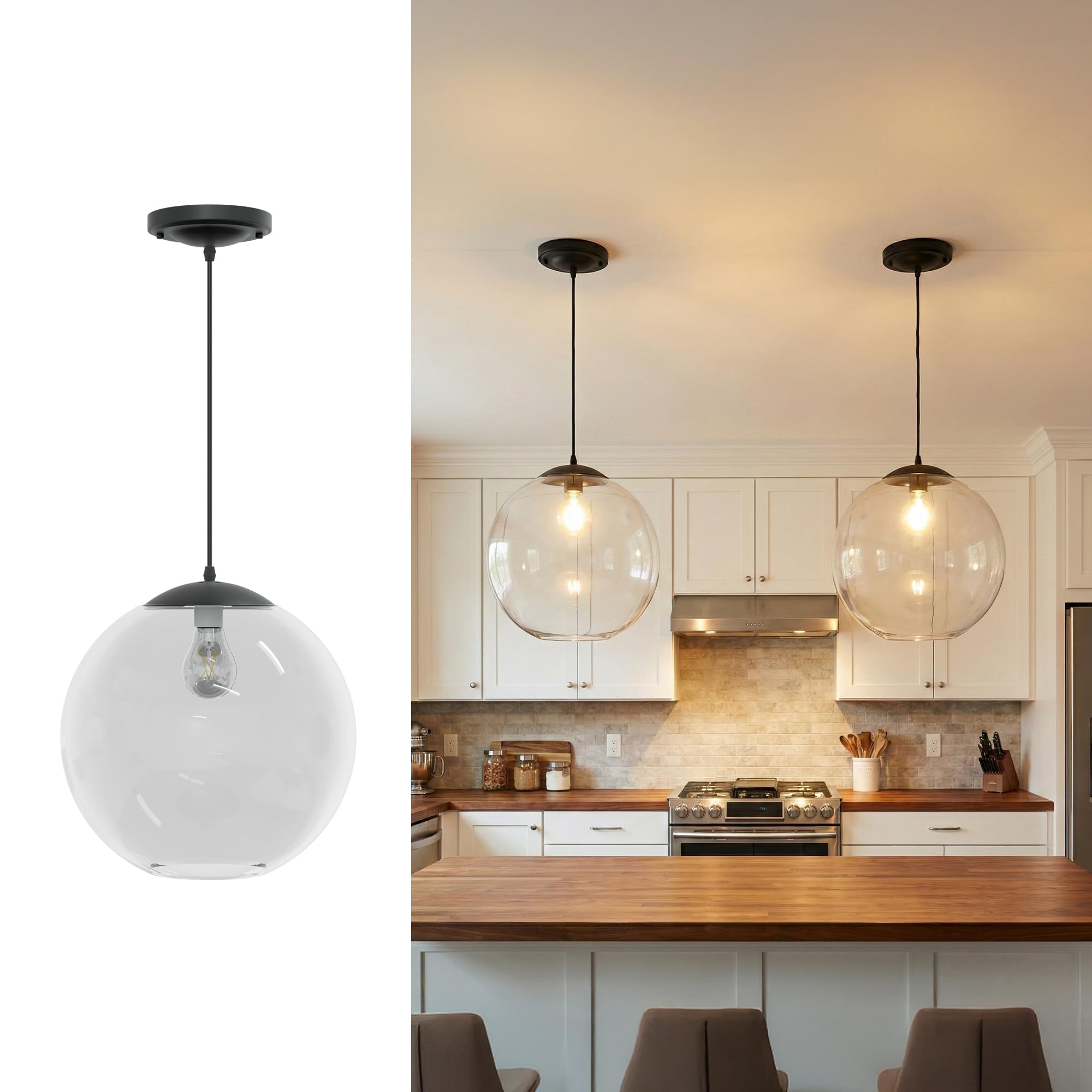 KASTLITE 12" Acrylic Globe Pendant Light Fixture, 8W 3000K Filament LED Bulb, Ceiling Mount - Kitchen Pendant Lighting Over Island, Hanging Dining Light, Living Room Lamp - Clear Shade, Black Base