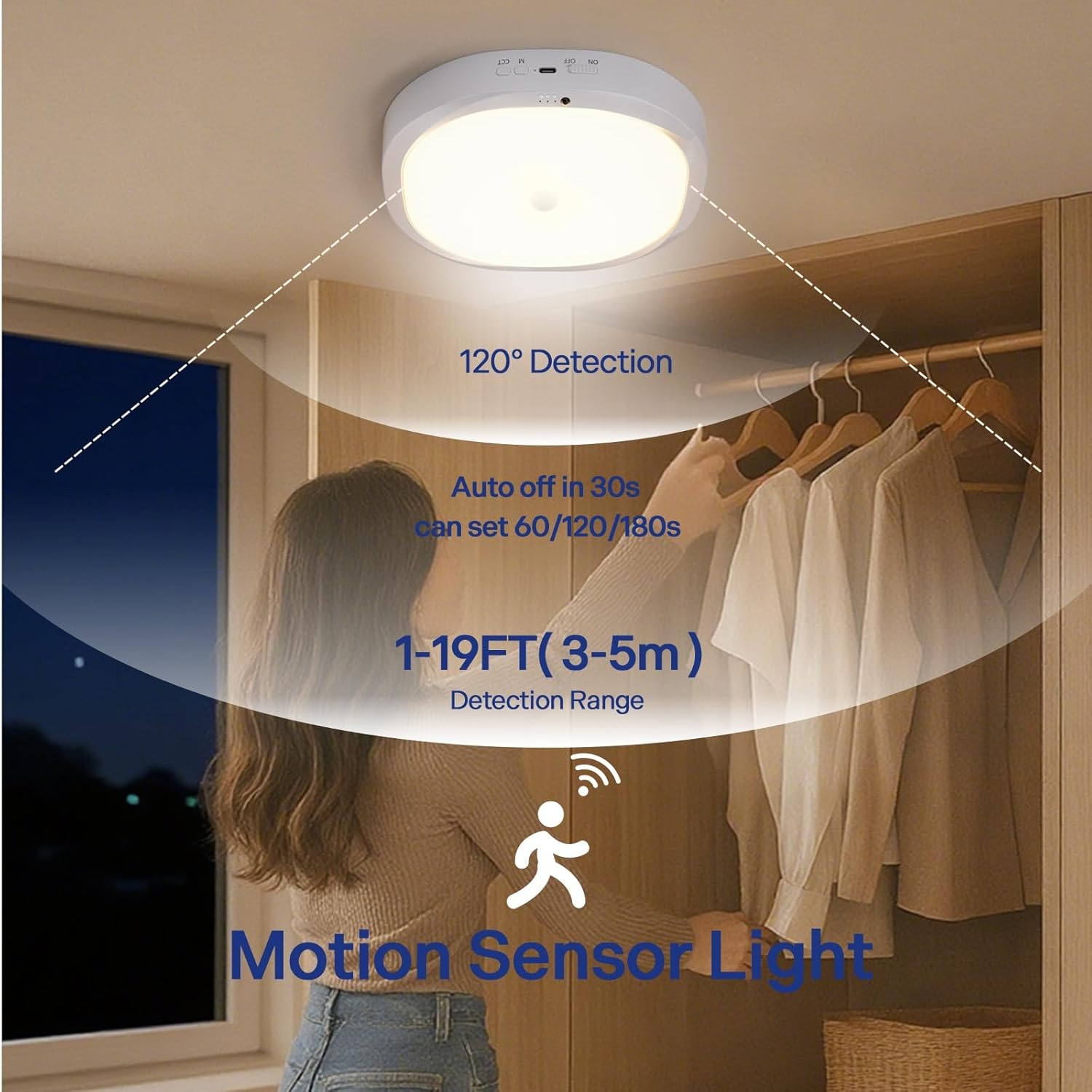 2-Pack 10000mAh Battery Motion Sensor Light, Remote Controlled Waterproof Wireless Lamp for Bathroom Closet Stairs Pantry