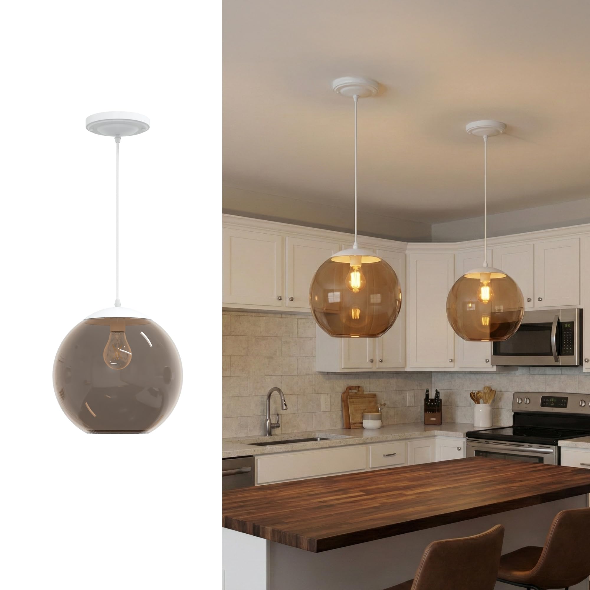 KASTLITE 10" Acrylic Globe Pendant Light Fixture, 8W 3000K Filament LED Bulb, Ceiling Mount - Kitchen Pendant Lighting Over Island, Hanging Dining Light, Living Room Lamp - White Shade, White Base