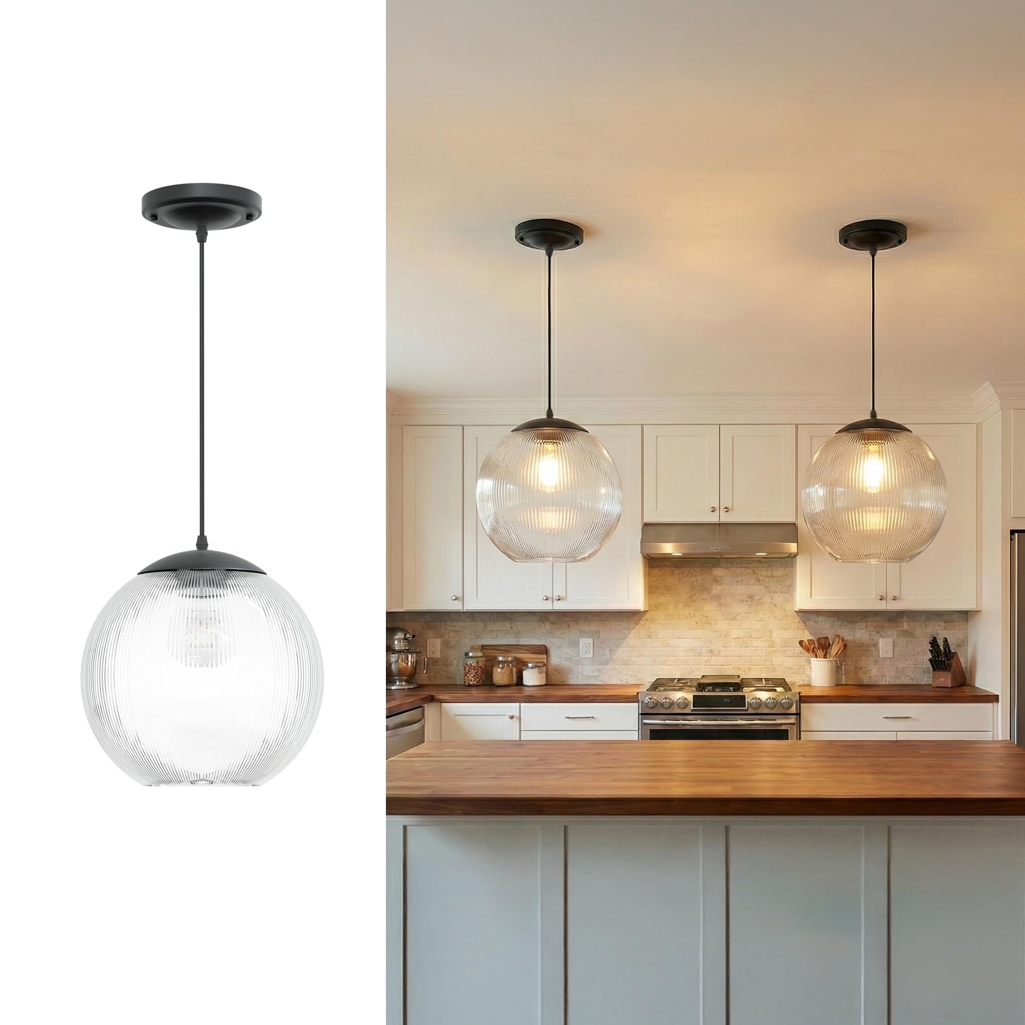 KASTLITE 10" Acrylic Globe Pendant Light Fixture, 8W 3000K Filament LED Bulb, Ceiling Mount - Kitchen Pendant Lighting Over Island, Hanging Dining Light, Living Room Lamp - White Shade, White Base