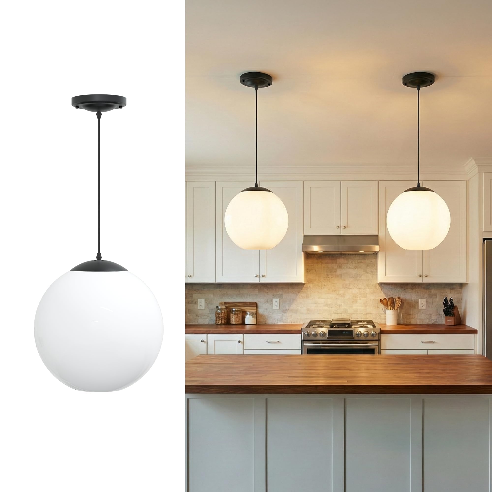KASTLITE 12" Acrylic Globe Pendant Light Fixture, 8W 3000K Filament LED Bulb, Ceiling Mount - Kitchen Pendant Lighting Over Island, Hanging Dining Light, Living Room Lamp - Clear Shade, Black Base