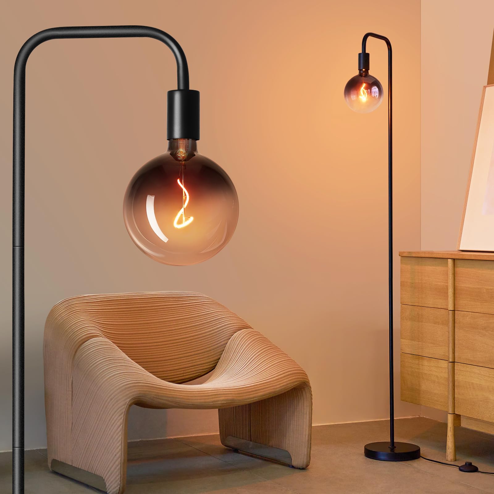 ONEWISH Floor Lamp for Living Room - Minimalist Standing Lamp with Modern LED Bulb, White Frosted Globe Glass 6", 1800K Warm Ambiant Lighting Decorative Tall Lamp for Bedroom Dorm