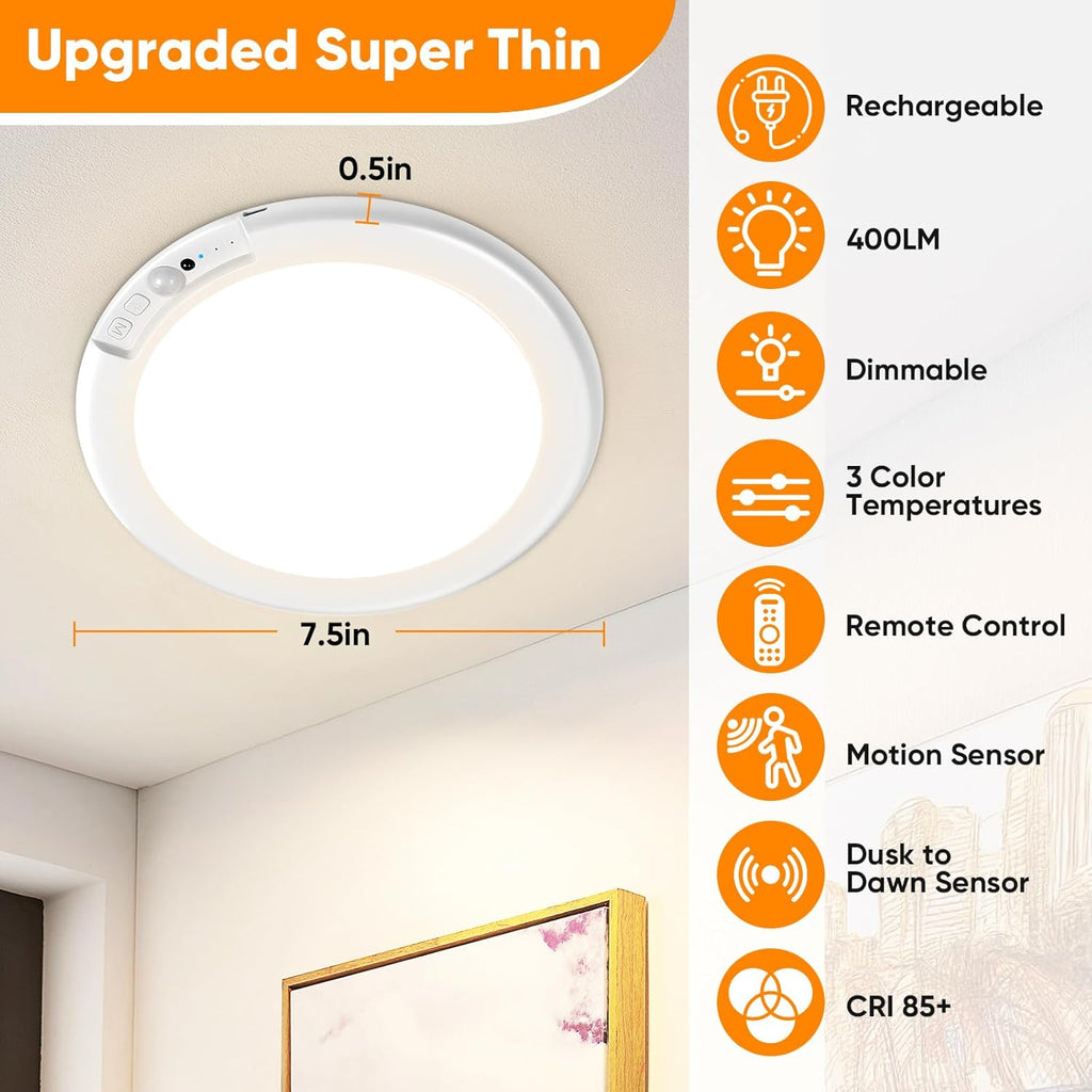 Rechargeable Motion Sensor Ceiling Lights with Remote, Battery Operated Closet Lights No Wiring, Wireless LED Shower Lights, 3 Colors Dimmable Overhead Lamps for Closet Shower Pantry Hallway, 2 Pack