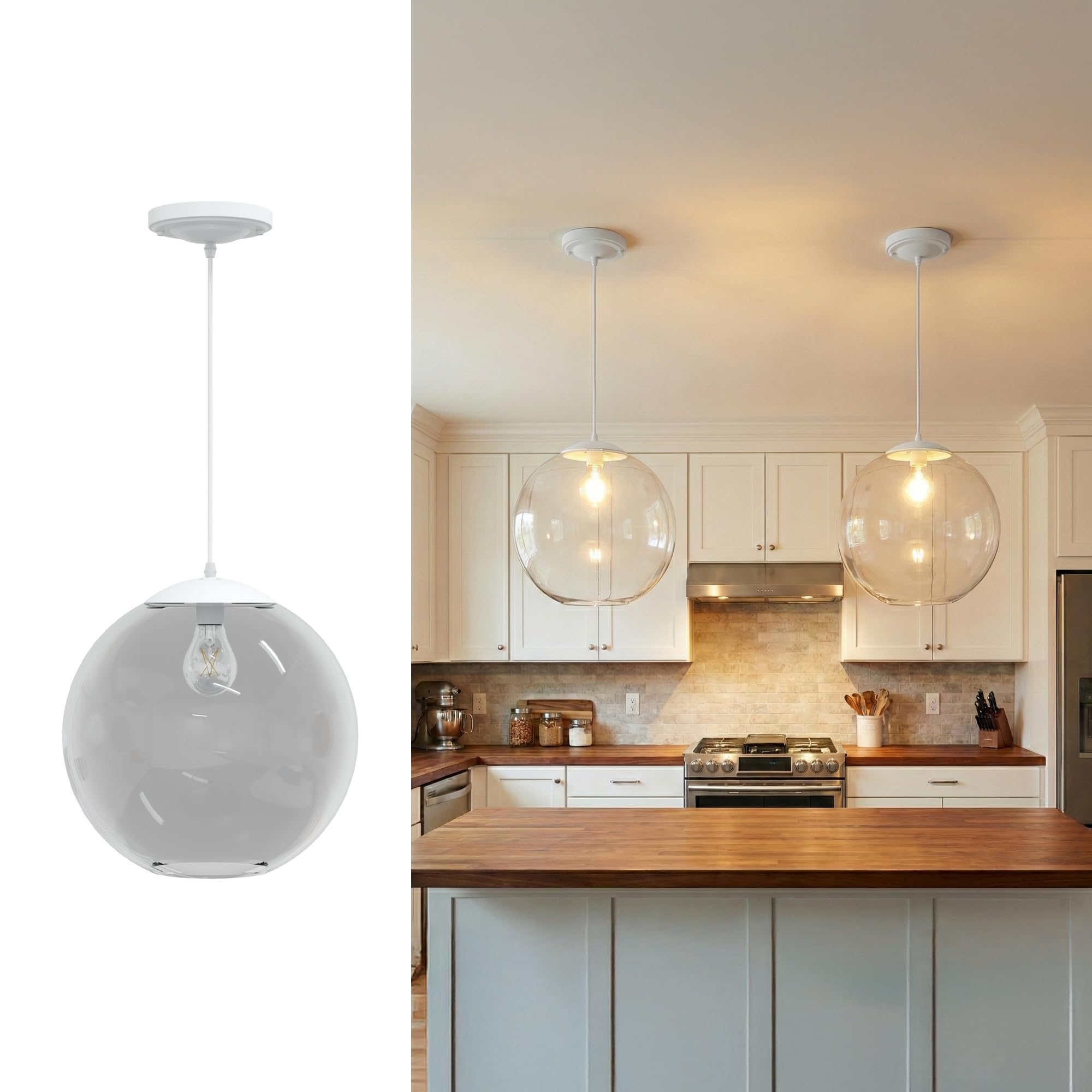 KASTLITE 12" Acrylic Globe Pendant Light Fixture, 8W 3000K Filament LED Bulb, Ceiling Mount - Kitchen Pendant Lighting Over Island, Hanging Dining Light, Living Room Lamp - Clear Shade, Black Base