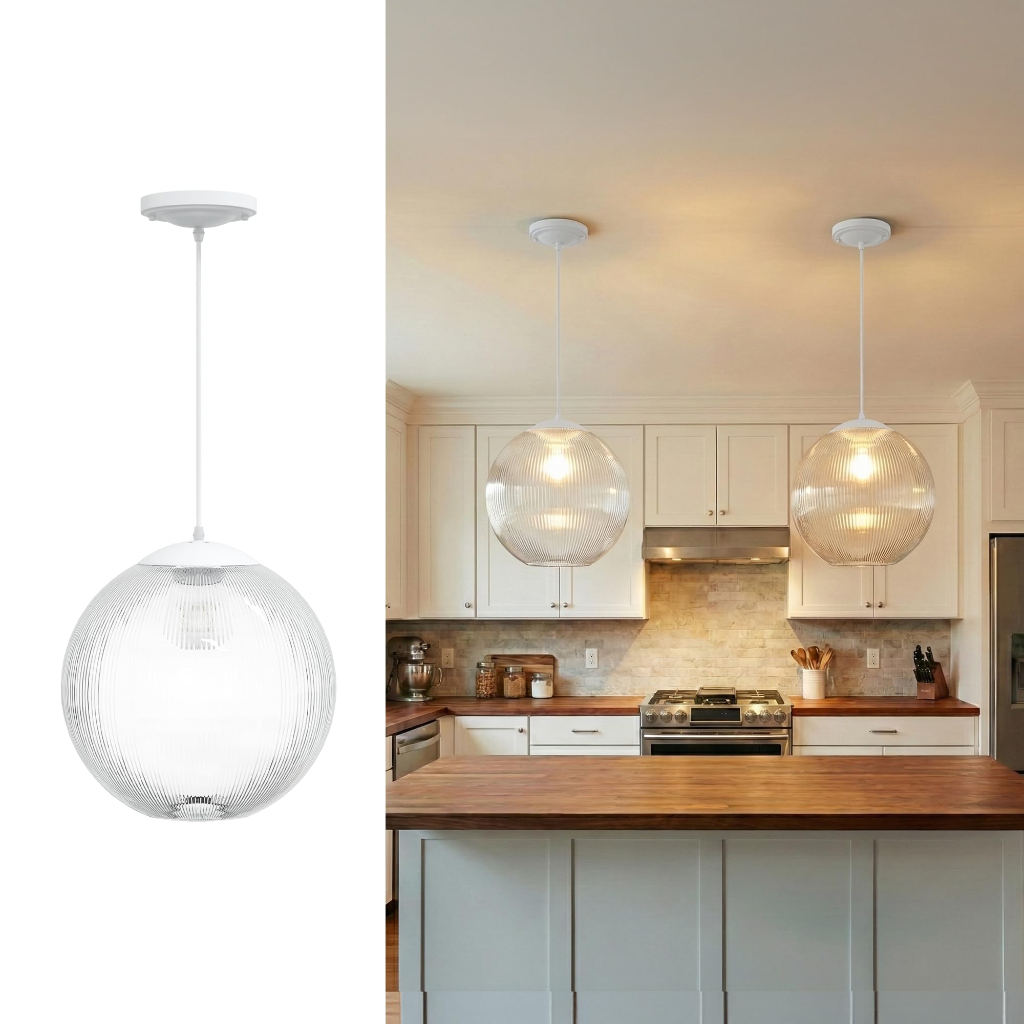 KASTLITE 12" Acrylic Globe Pendant Light Fixture, 8W 3000K Filament LED Bulb, Ceiling Mount - Kitchen Pendant Lighting Over Island, Hanging Dining Light, Living Room Lamp - Clear Shade, Black Base