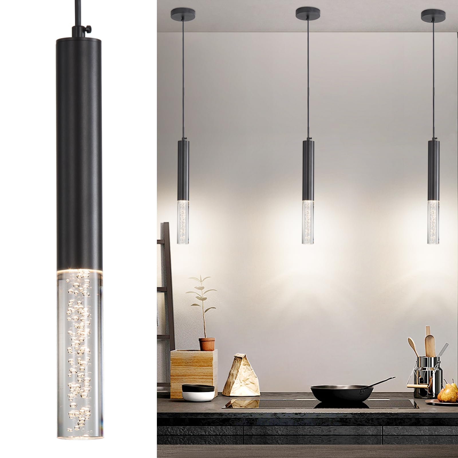 2 Pack Minimalist Kitchen Island Pendant Lights, Black Modern Linear Hanging Light Fixture, Bubble Acrylic, Adjustable 2700K/4500K/6500K, LED Ceiling Lamp for Dining Room, Bedside, Bathroom, Bar
