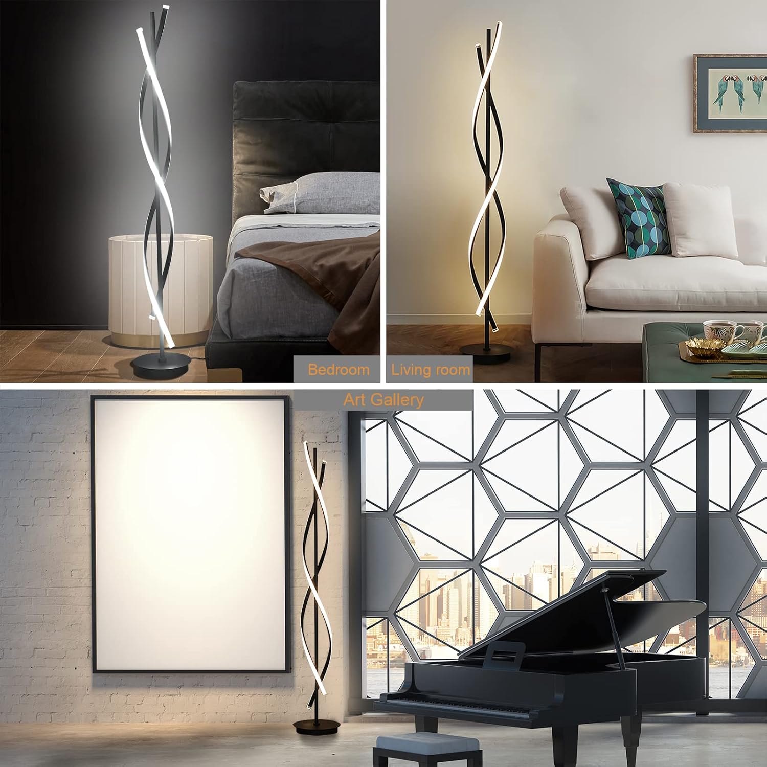 61in 60W DNA Spiral LED Floor Lamp, 3-Color Remote Dimmable Black Nordic Standing Light for Living Room Decor