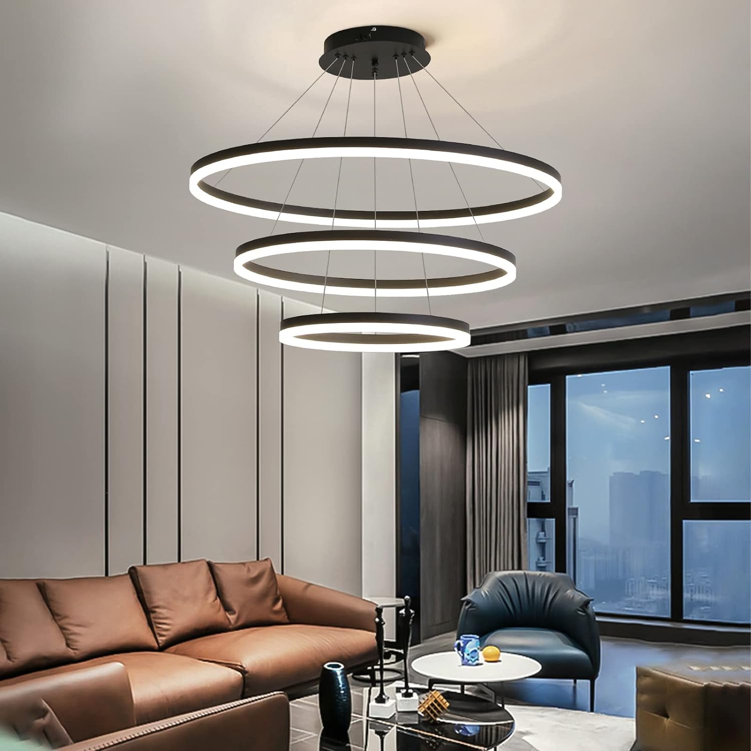 15.7in Black Acrylic Dimmable LED Pendant Light, 3-Color Remote Controlled Ceiling Chandelier for Kitchen