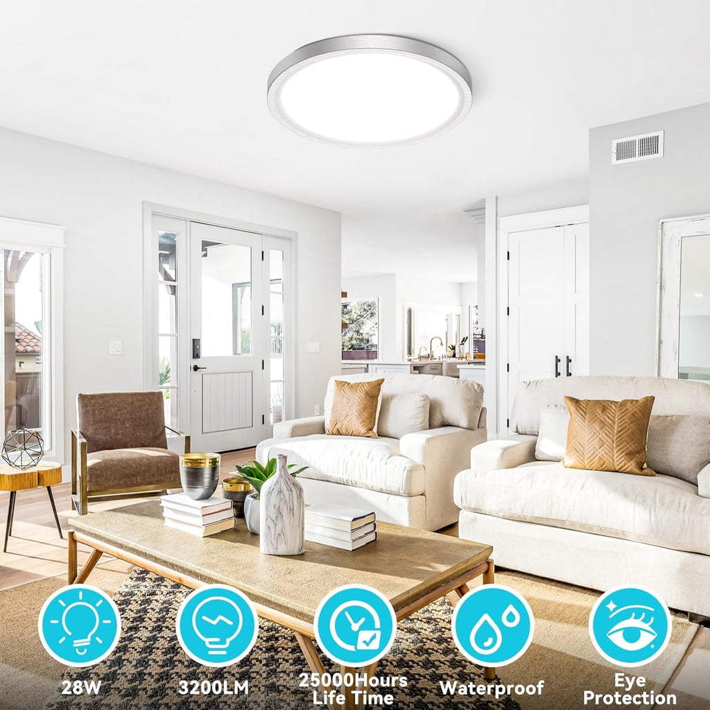 libtit 12 inch Flush Mount LED Ceiling Light Fixture, 3000K 4000K 6500K Adjustable, 28W 3200lm Brushed Nickel Satin Round Ceiling Lamp for Bathroom Hallway Kitchen Bedroom, 2 Pack