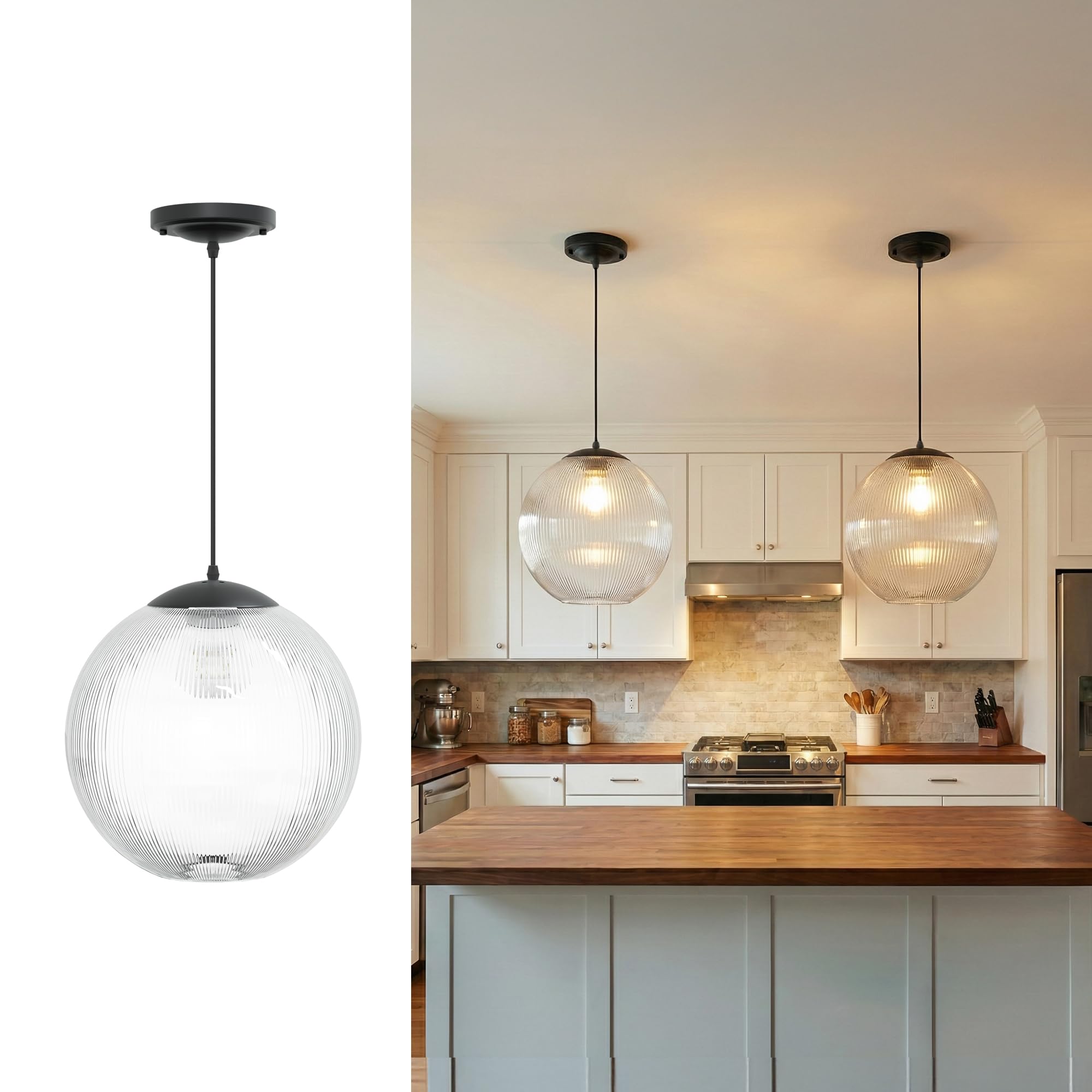 KASTLITE 12" Acrylic Globe Pendant Light Fixture, 8W 3000K Filament LED Bulb, Ceiling Mount - Kitchen Pendant Lighting Over Island, Hanging Dining Light, Living Room Lamp - Clear Shade, Black Base