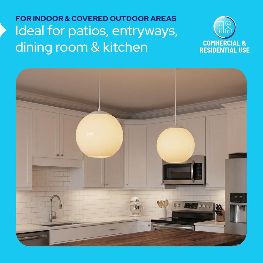 KASTLITE 10" Acrylic Globe Pendant Light Fixture, 8W 3000K Filament LED Bulb, Ceiling Mount - Kitchen Pendant Lighting Over Island, Hanging Dining Light, Living Room Lamp - White Shade, White Base