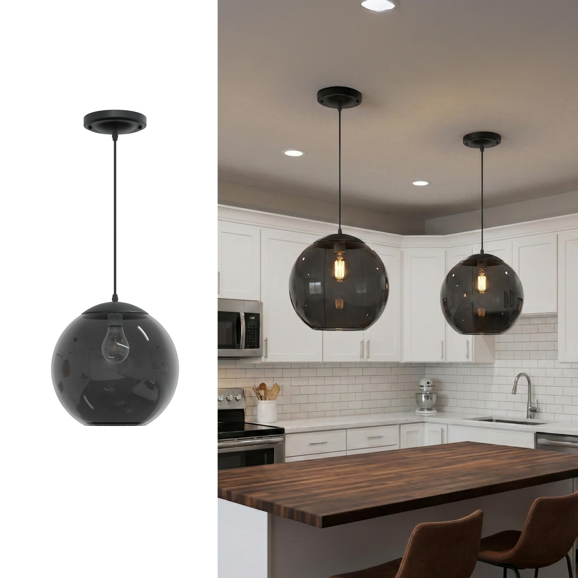 KASTLITE 10" Acrylic Globe Pendant Light Fixture, 8W 3000K Filament LED Bulb, Ceiling Mount - Kitchen Pendant Lighting Over Island, Hanging Dining Light, Living Room Lamp - White Shade, White Base