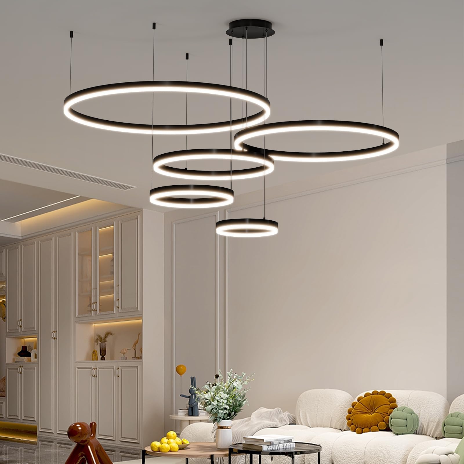 15.7in Black Acrylic Dimmable LED Pendant Light, 3-Color Remote Controlled Ceiling Chandelier for Kitchen