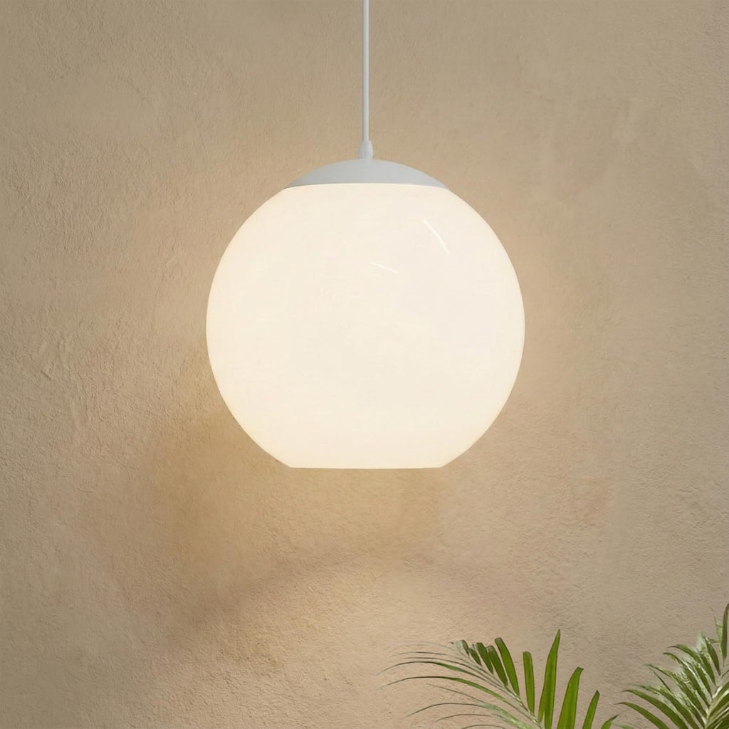 KASTLITE 10" Acrylic Globe Pendant Light Fixture, 8W 3000K Filament LED Bulb, Ceiling Mount - Kitchen Pendant Lighting Over Island, Hanging Dining Light, Living Room Lamp - White Shade, White Base