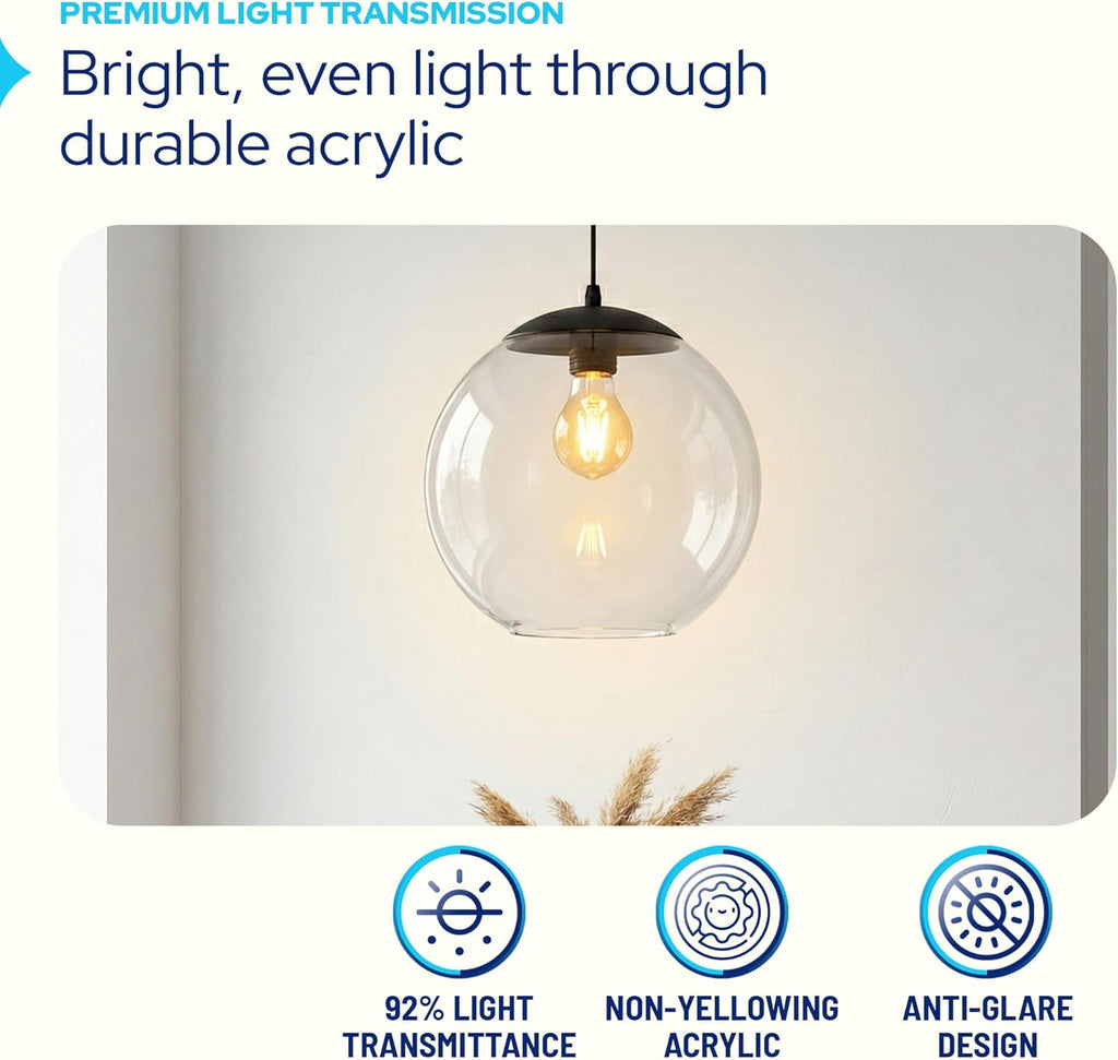 KASTLITE 10" Acrylic Globe Pendant Light Fixture, 8W 3000K Filament LED Bulb, Ceiling Mount - Kitchen Pendant Lighting Over Island, Hanging Dining Light, Living Room Lamp - White Shade, White Base