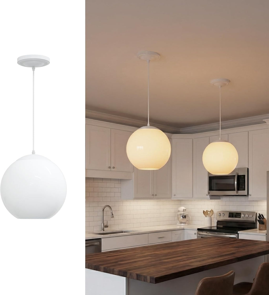 KASTLITE 10" Acrylic Globe Pendant Light Fixture, 8W 3000K Filament LED Bulb, Ceiling Mount - Kitchen Pendant Lighting Over Island, Hanging Dining Light, Living Room Lamp - White Shade, White Base