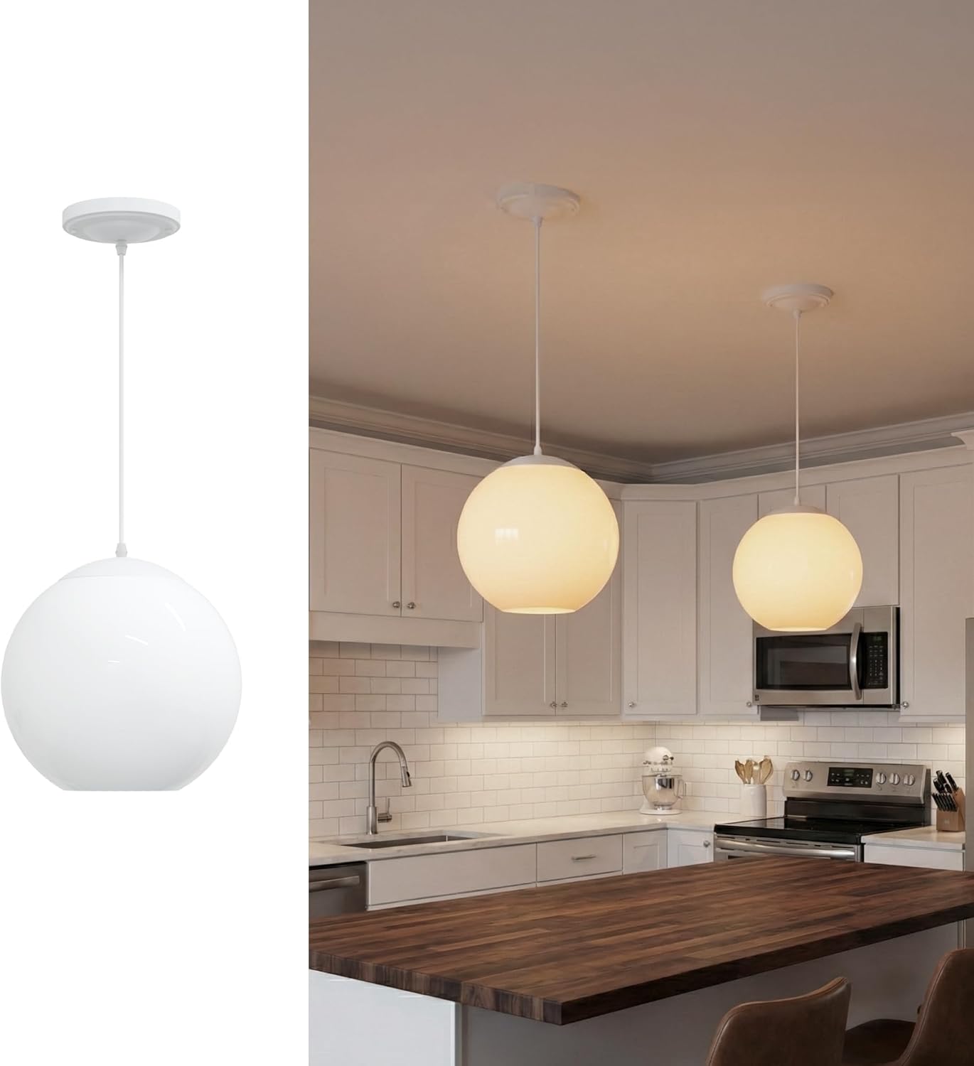 KASTLITE 10" Acrylic Globe Pendant Light Fixture, 8W 3000K Filament LED Bulb, Ceiling Mount - Kitchen Pendant Lighting Over Island, Hanging Dining Light, Living Room Lamp - White Shade, White Base