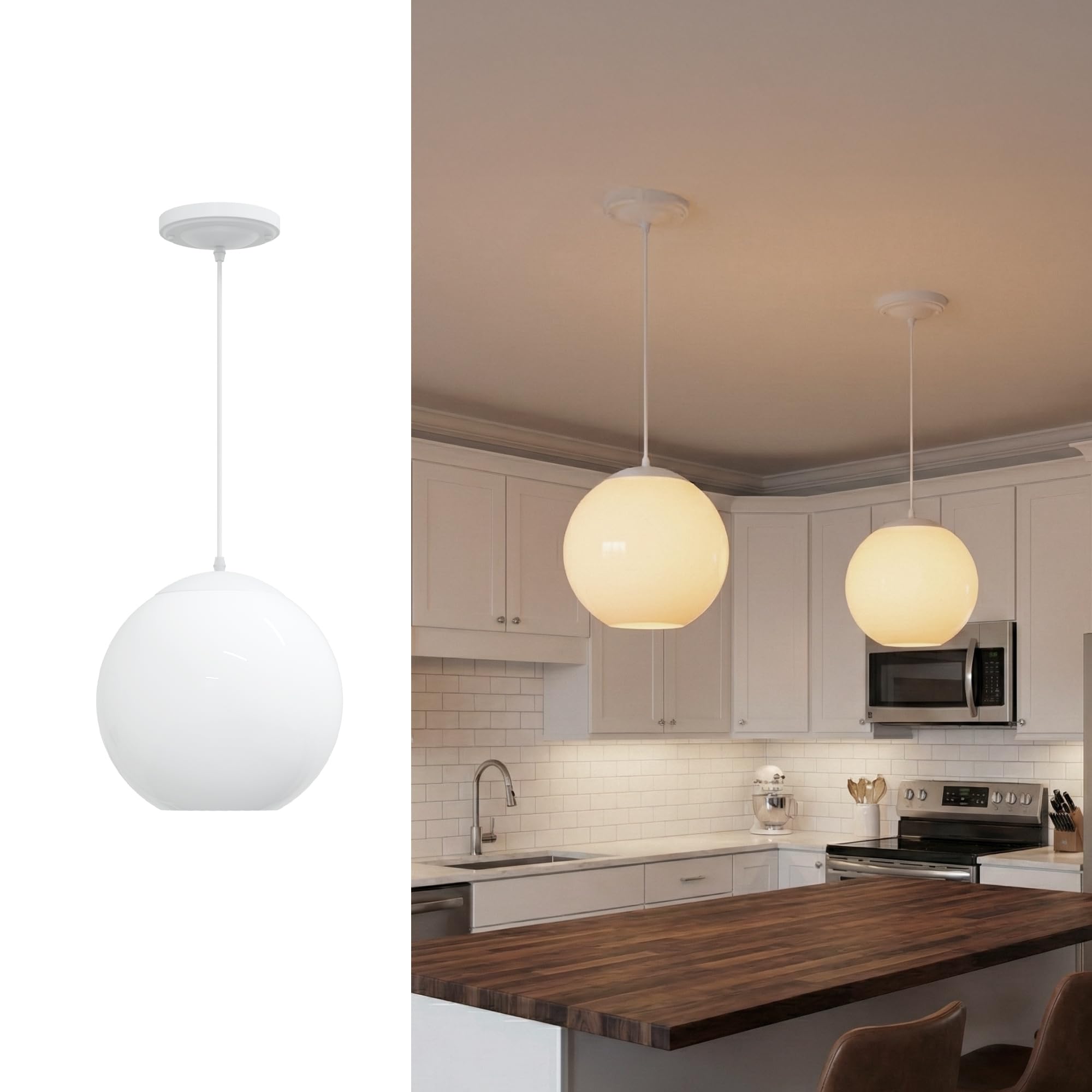 KASTLITE 10" Acrylic Globe Pendant Light Fixture, 8W 3000K Filament LED Bulb, Ceiling Mount - Kitchen Pendant Lighting Over Island, Hanging Dining Light, Living Room Lamp - White Shade, White Base