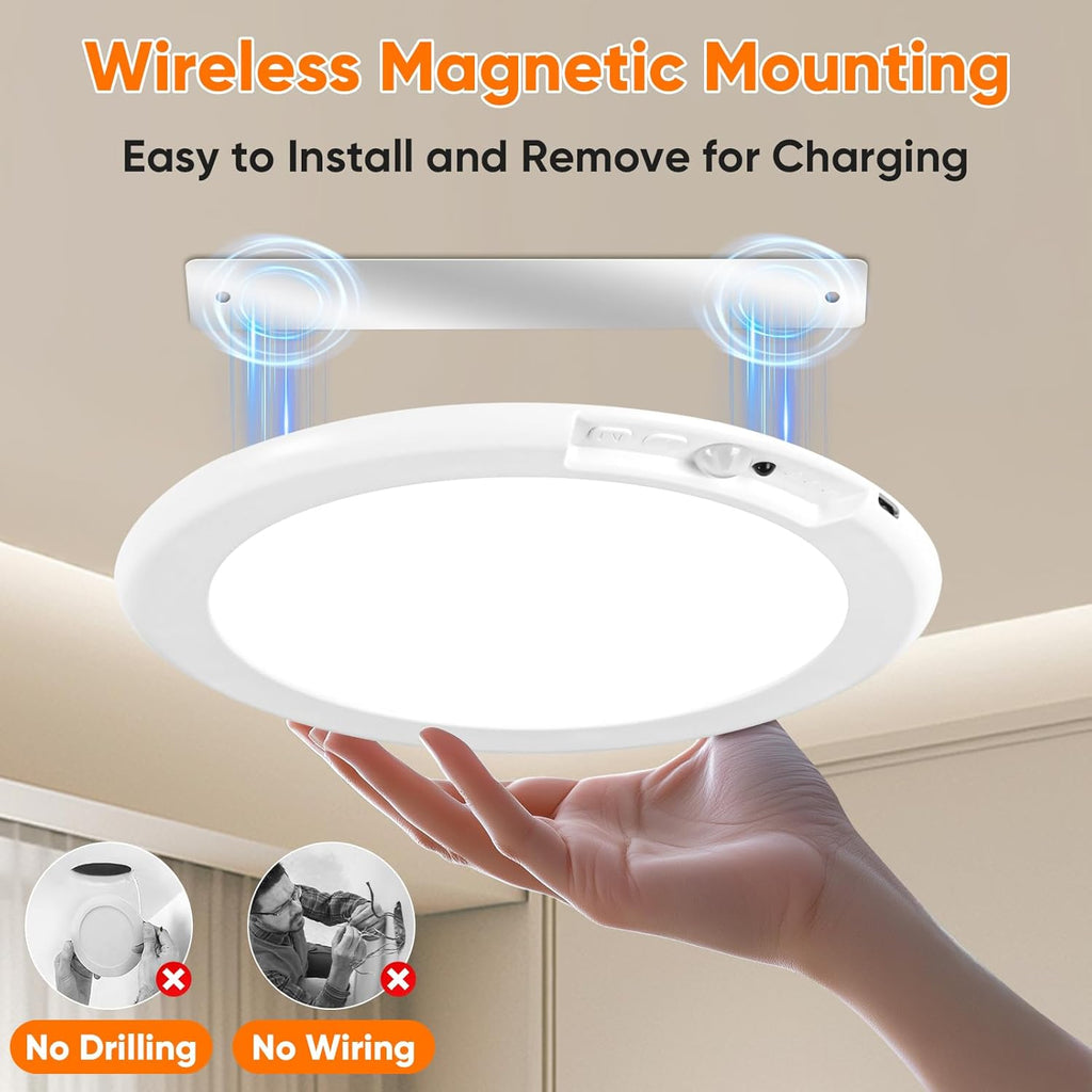 Rechargeable Motion Sensor Ceiling Lights with Remote, Battery Operated Closet Lights No Wiring, Wireless LED Shower Lights, 3 Colors Dimmable Overhead Lamps for Closet Shower Pantry Hallway, 2 Pack