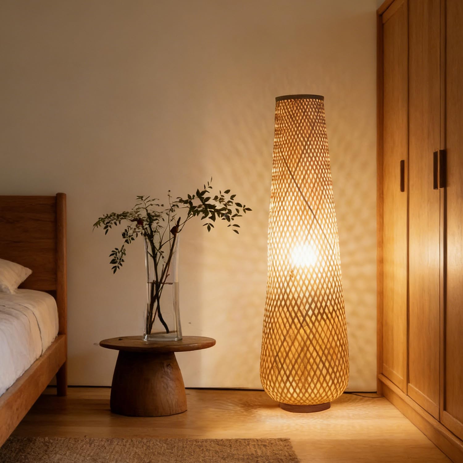 MIXL-Tripod Wooden Tall Floor Lamp,Fabric Drum Shade Corner Standing Lamp,Farmhouse Style Floor Light for Nursery and Study Room