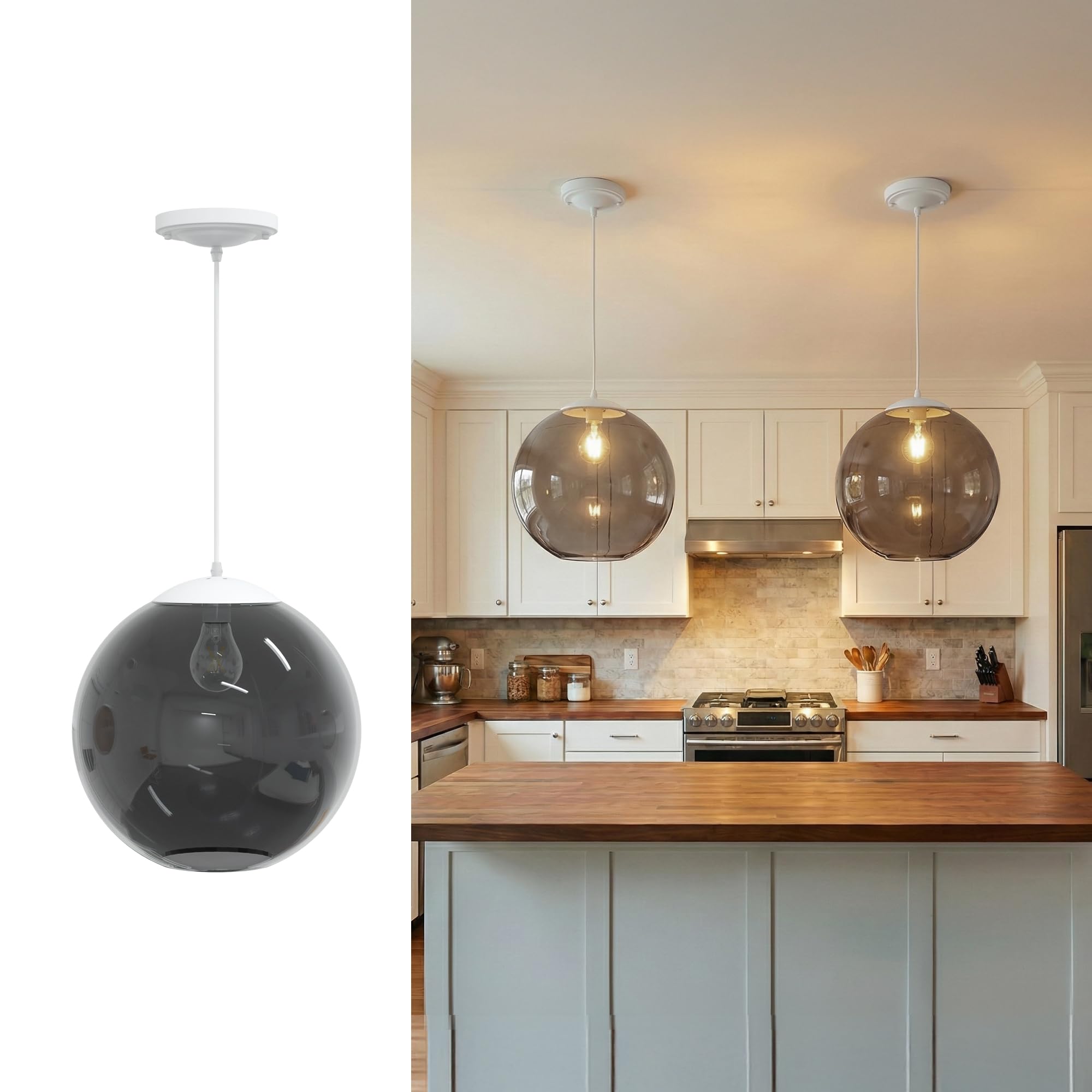 KASTLITE 12" Acrylic Globe Pendant Light Fixture, 8W 3000K Filament LED Bulb, Ceiling Mount - Kitchen Pendant Lighting Over Island, Hanging Dining Light, Living Room Lamp - Clear Shade, Black Base