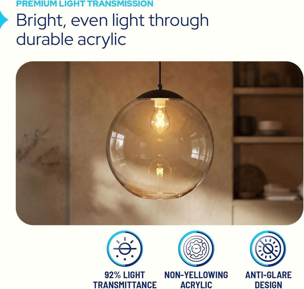 KASTLITE 12" Acrylic Globe Pendant Light Fixture, 8W 3000K Filament LED Bulb, Ceiling Mount - Kitchen Pendant Lighting Over Island, Hanging Dining Light, Living Room Lamp - Clear Shade, Black Base
