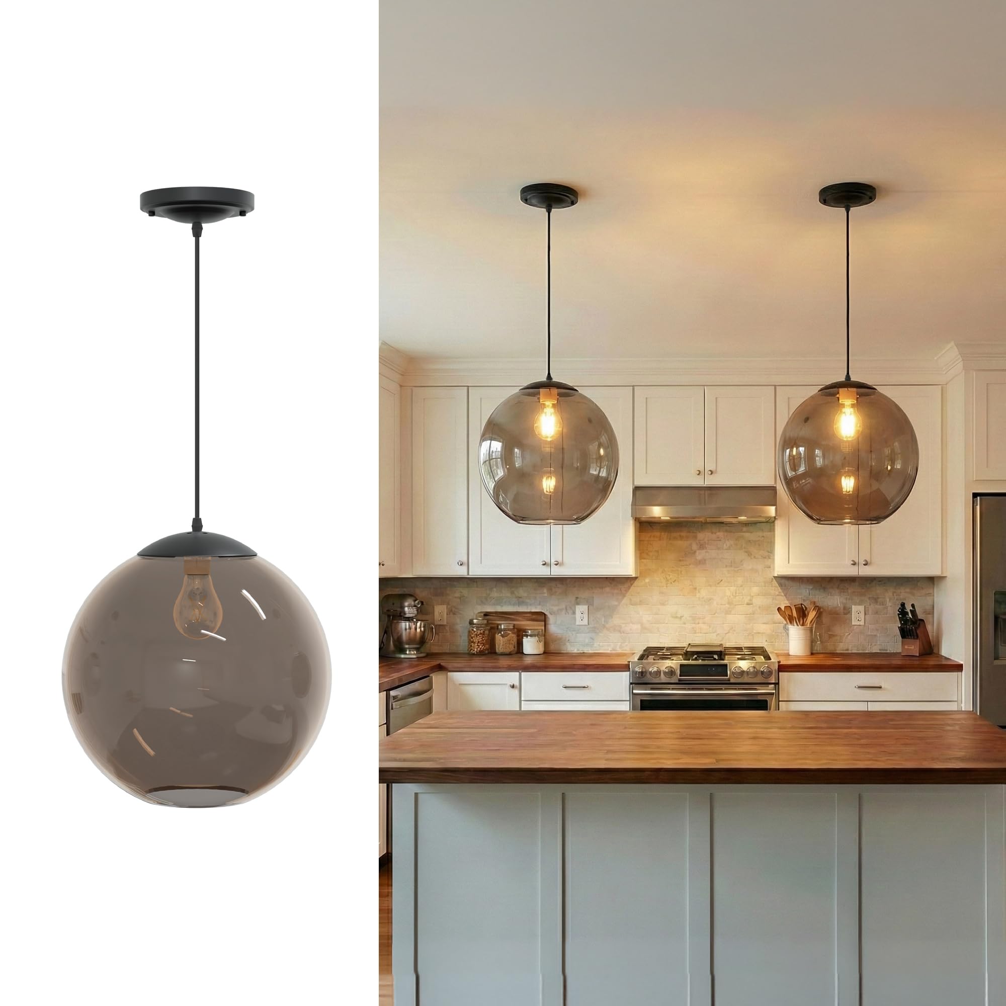KASTLITE 12" Acrylic Globe Pendant Light Fixture, 8W 3000K Filament LED Bulb, Ceiling Mount - Kitchen Pendant Lighting Over Island, Hanging Dining Light, Living Room Lamp - Clear Shade, Black Base