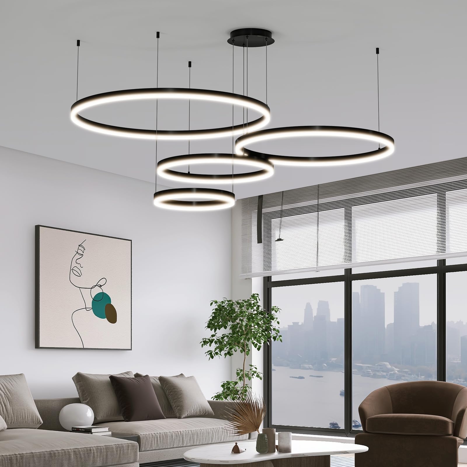 15.7in Black Acrylic Dimmable LED Pendant Light, 3-Color Remote Controlled Ceiling Chandelier for Kitchen
