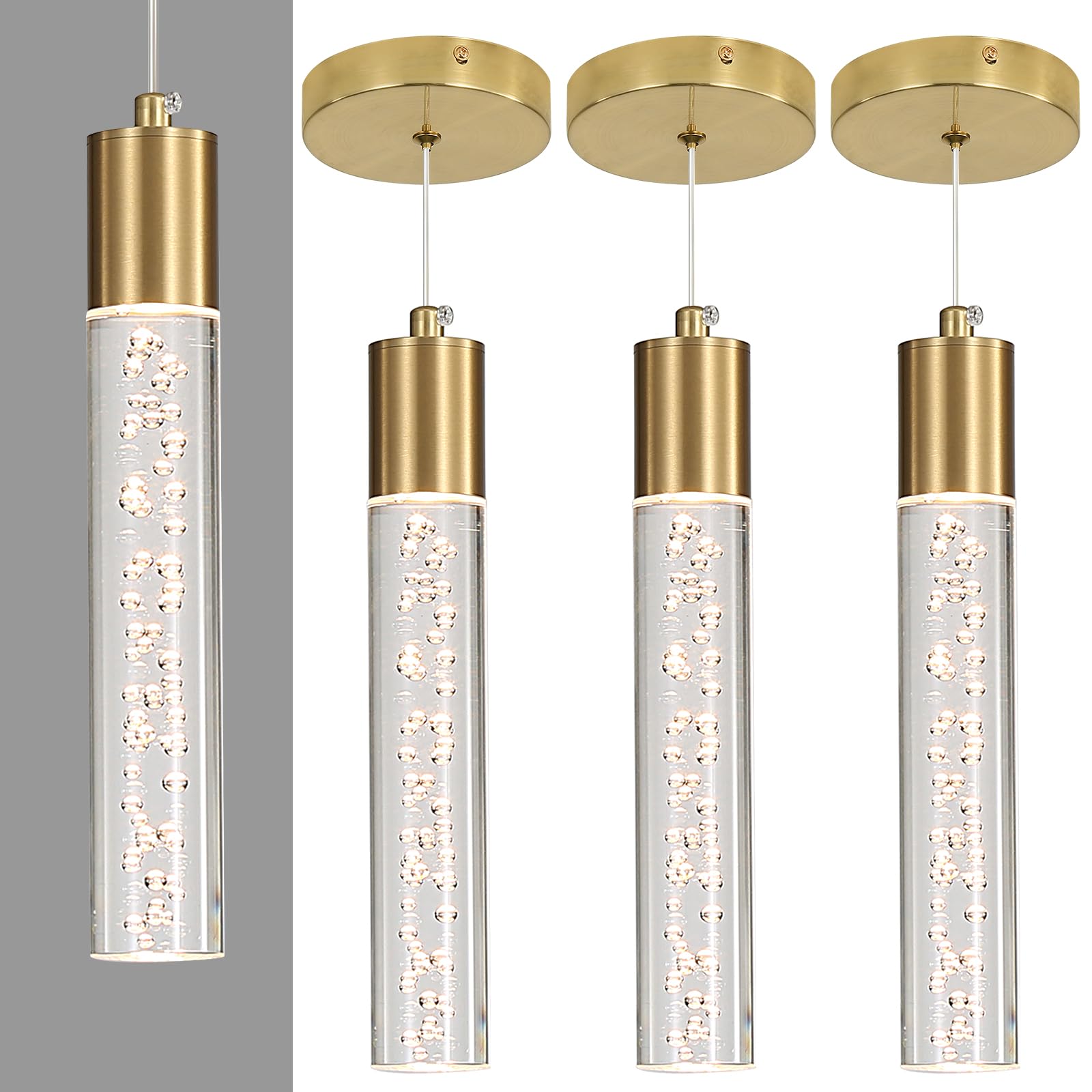 2 Pack Minimalist Kitchen Island Pendant Lights, Black Modern Linear Hanging Light Fixture, Bubble Acrylic, Adjustable 2700K/4500K/6500K, LED Ceiling Lamp for Dining Room, Bedside, Bathroom, Bar